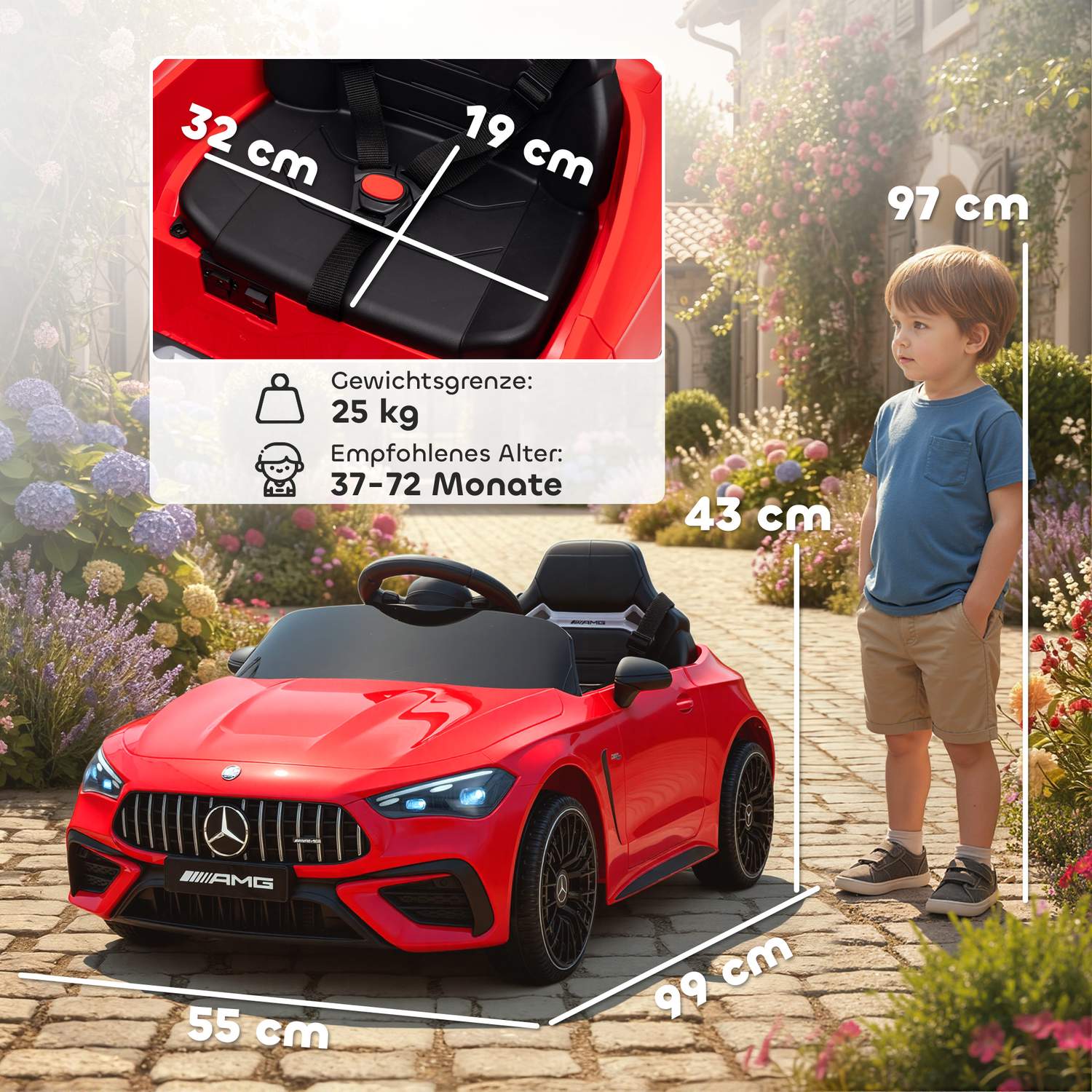 Elbil för barn, Mercedes Design, 12V, Fjärrkontroll, LED, Röd