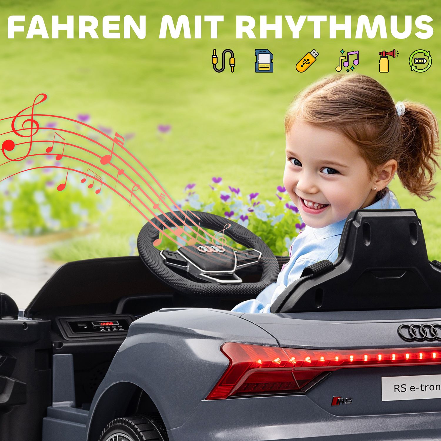 Elbil för barn med fjärrkontroll, säkerhetsbälte, musik, grå