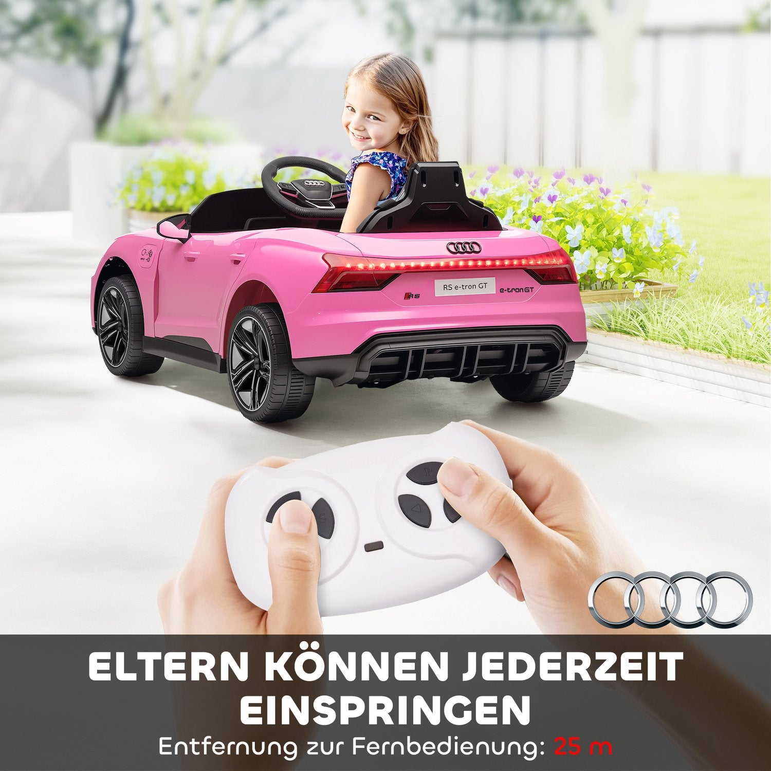 Elbil för barn med fjärrkontroll, säkerhetsbälte, musik, rosa, 3-5 år
