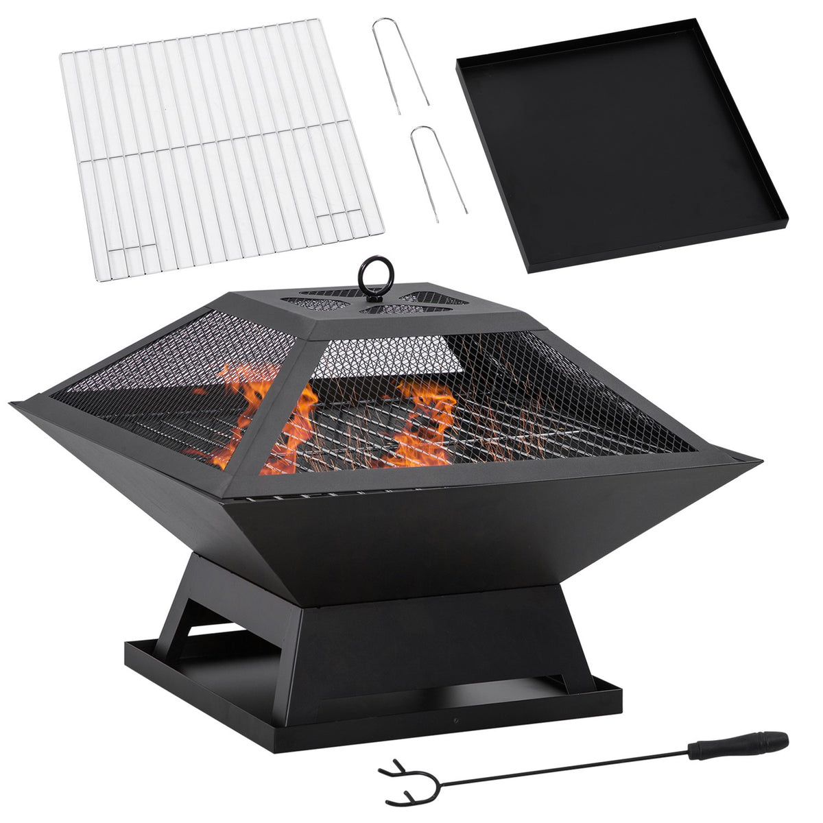 Brasero avec grille & pare-étincelles, acier, 45x45x34 cm