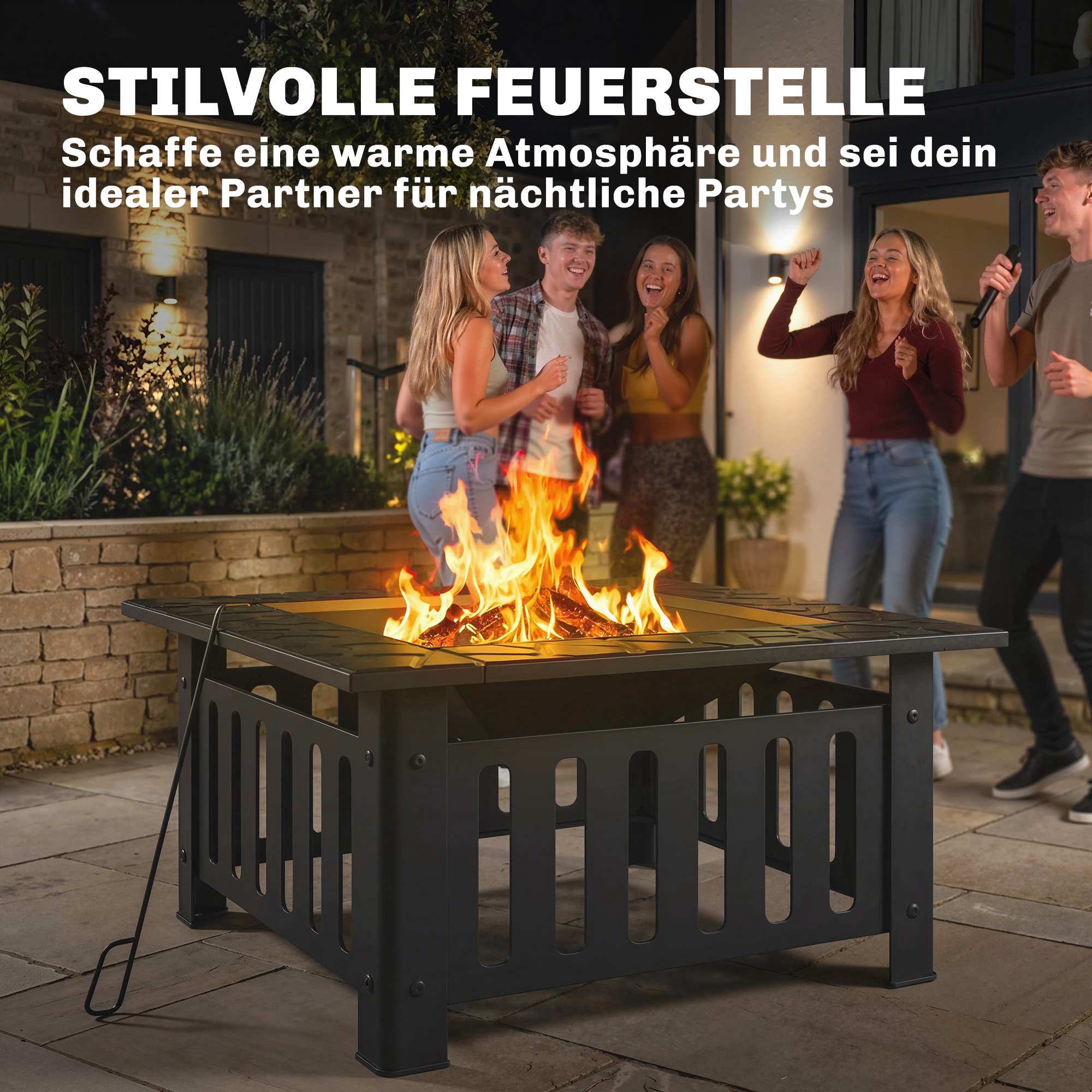 Eldstad i stål med gnistskydd och eldgaffel för utomhusgrill