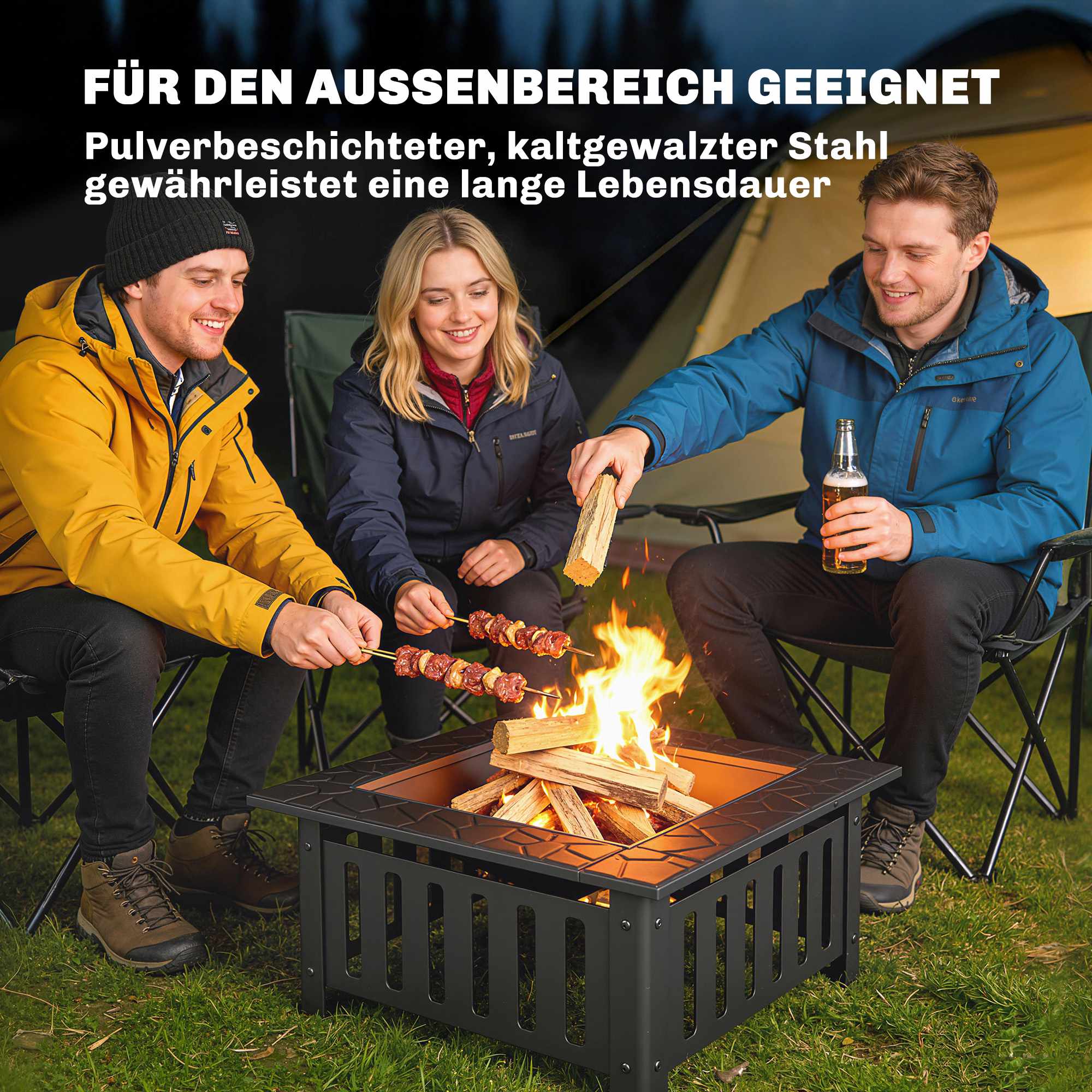 Eldstad i stål med gnistskydd och eldgaffel för utomhusgrill