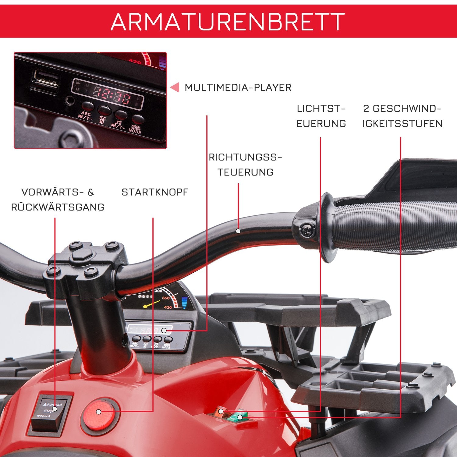 Electric Kids Quad 12V, Strålkastare, USB & MP3, Röd