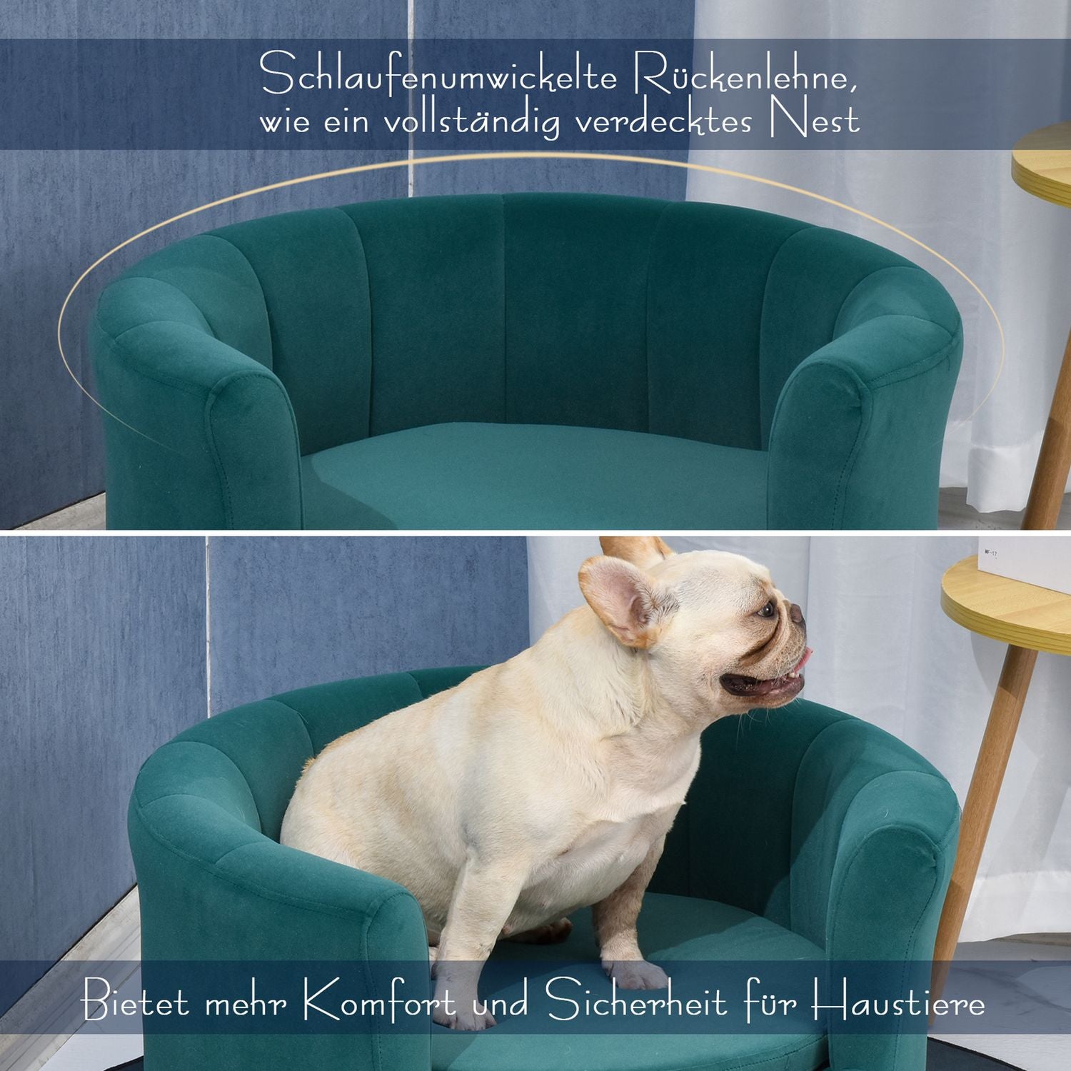 Elegant hundbäddsoffa med mjukt överdrag och träben