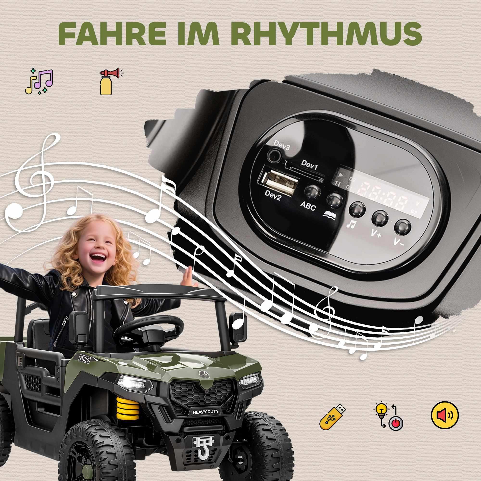 Elektrisk barn-UTV, 2 motorer, musikfunktion, grön