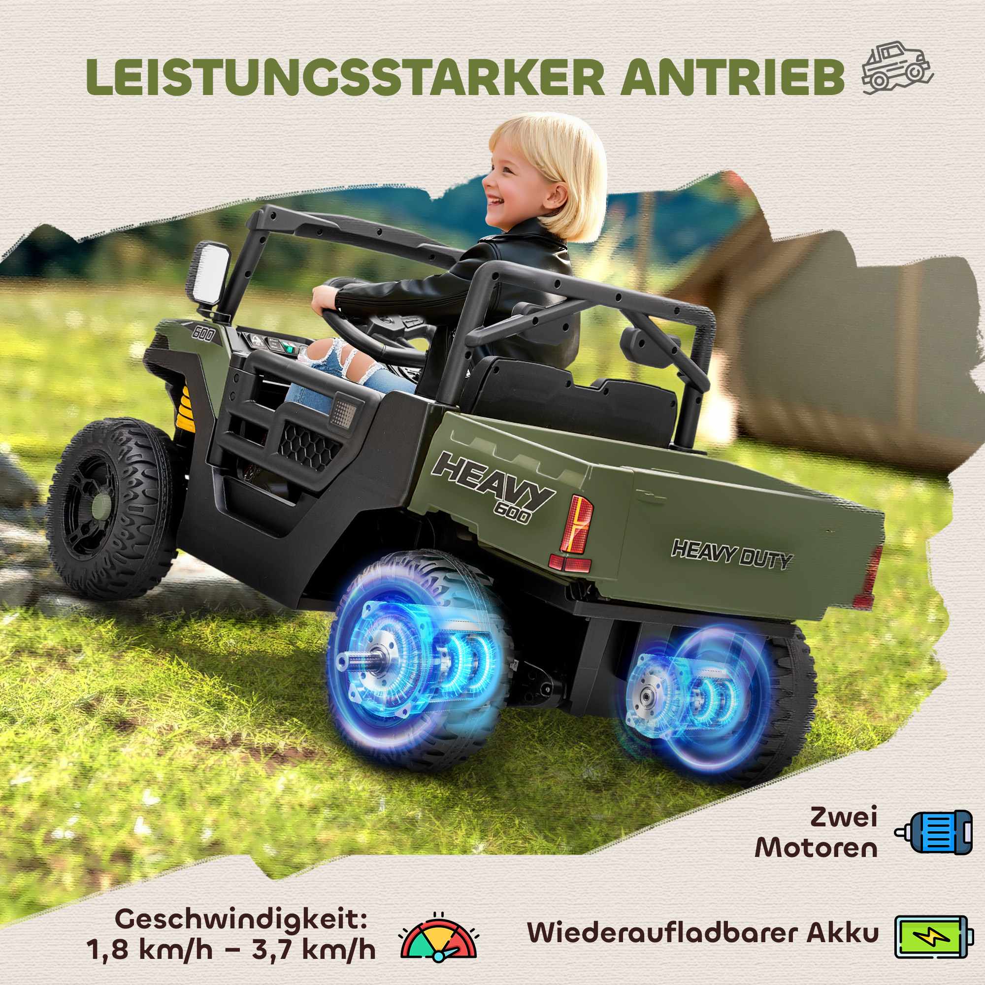 Elektrisk barn-UTV, 2 motorer, musikfunktion, grön
