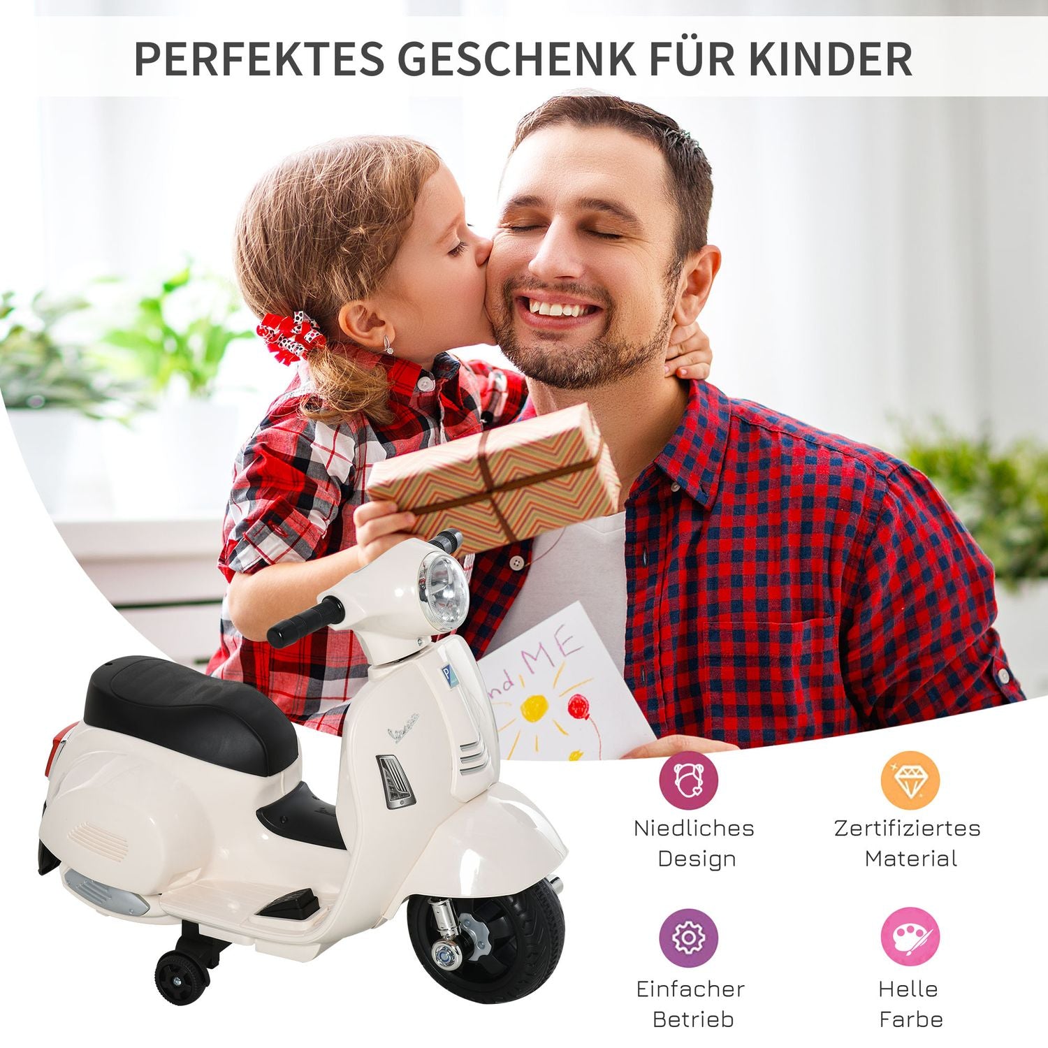 Elektrisk barnmotorcykel, 18-36 månader, LED-lampor, vit