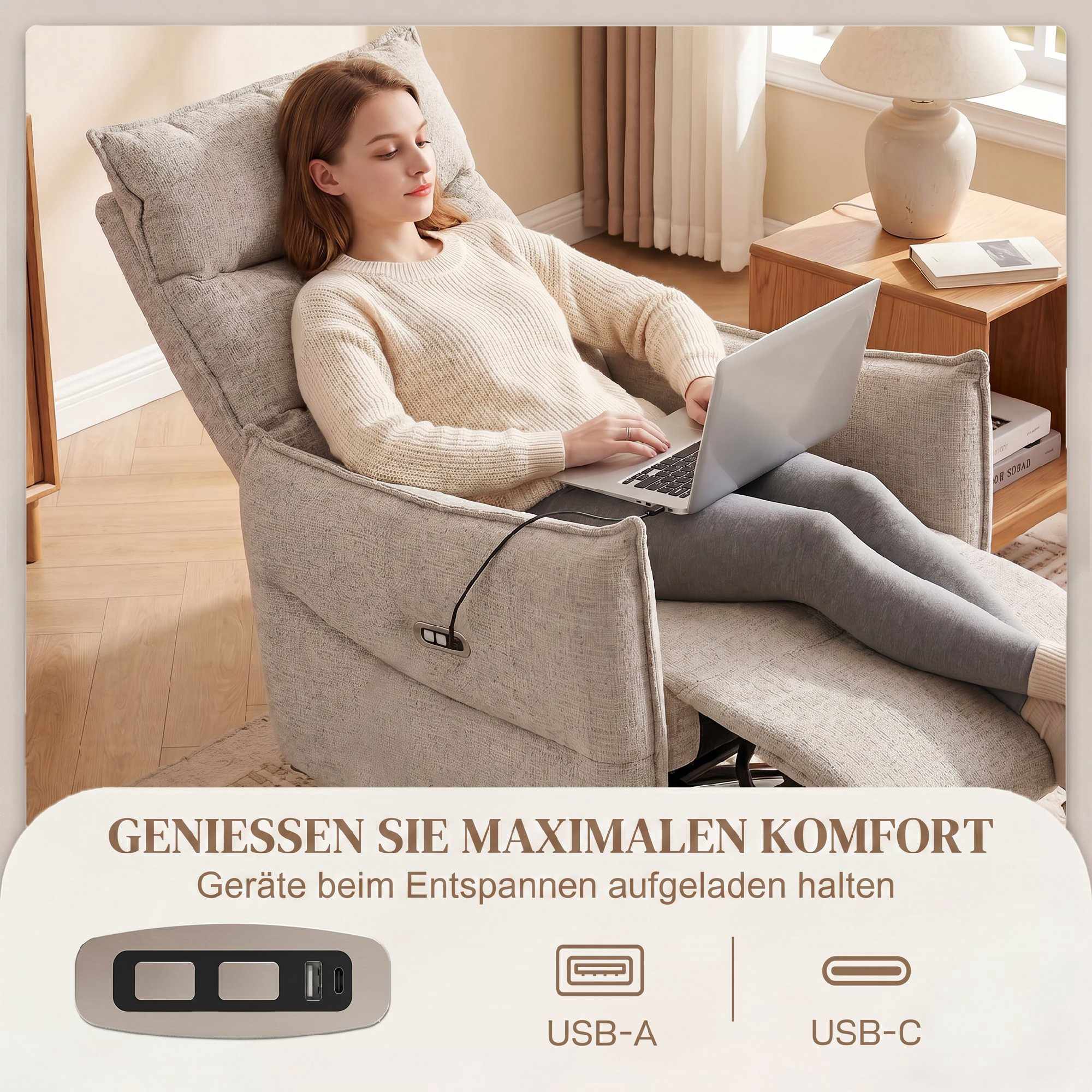 Elektrisk fåtölj med USB-portar, beige linnetyg