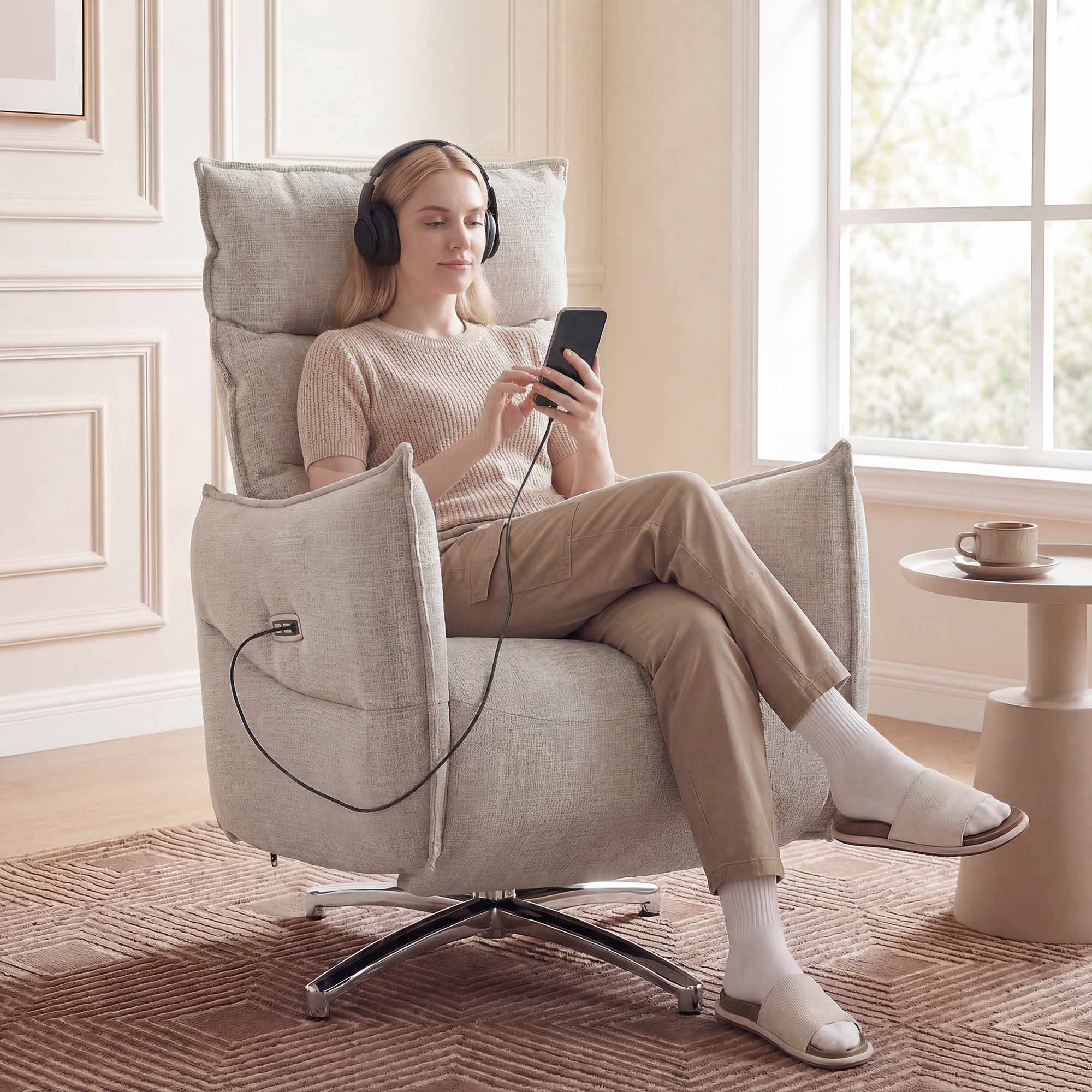 Elektrisk fåtölj med USB-portar, beige linnetyg
