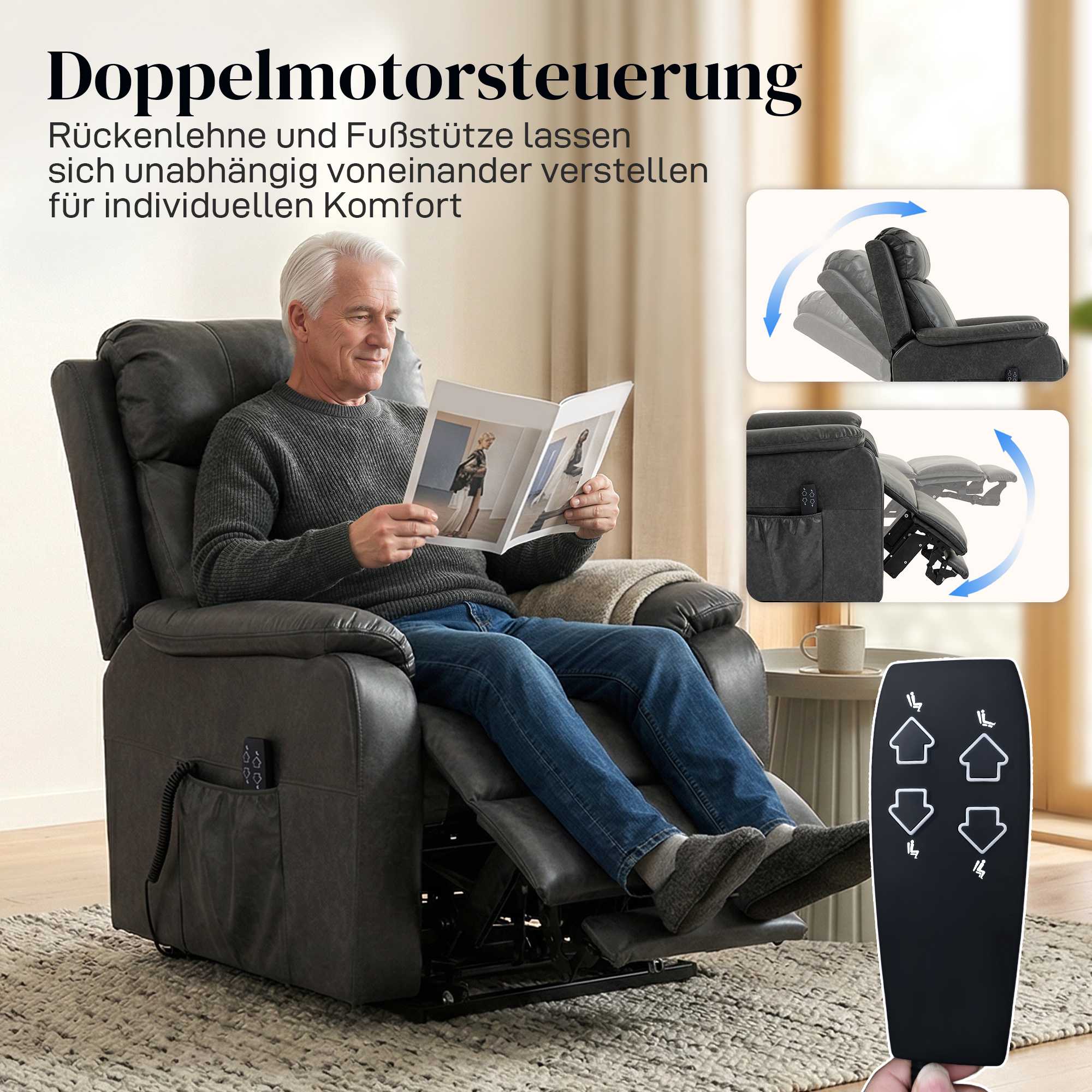 Elektrisk fåtölj, svart konstläder, dubbelmotor
