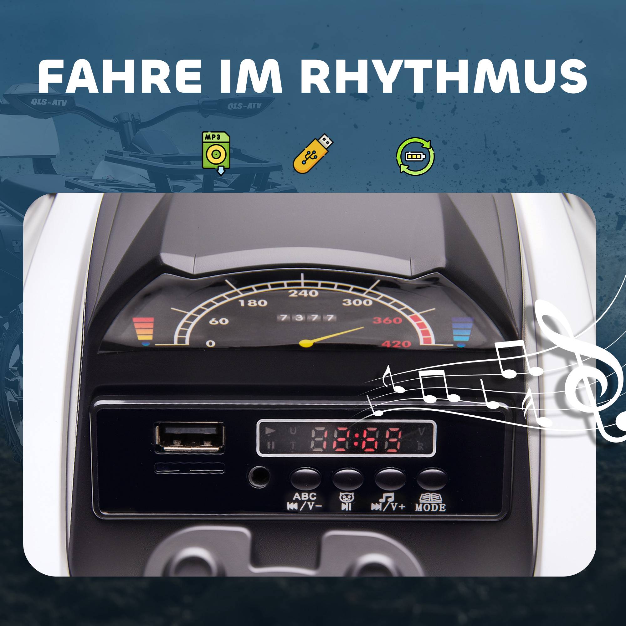 Elektrisk fyrhjuling för barn, 12V-batteri, hastighet 3–8 km/h