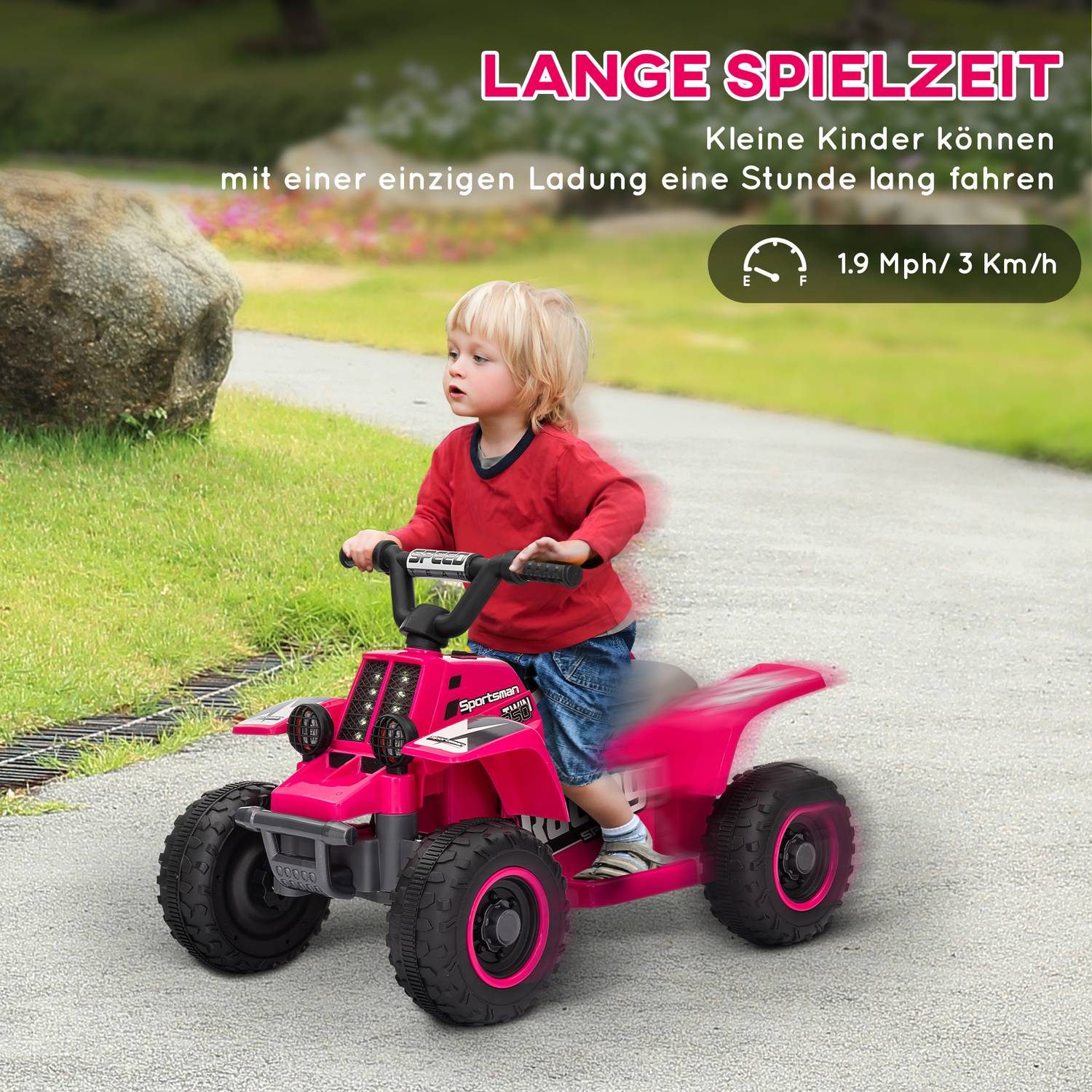 Elektrisk fyrhjuling för barn med LED och horn, rosa, 1,5-3 år