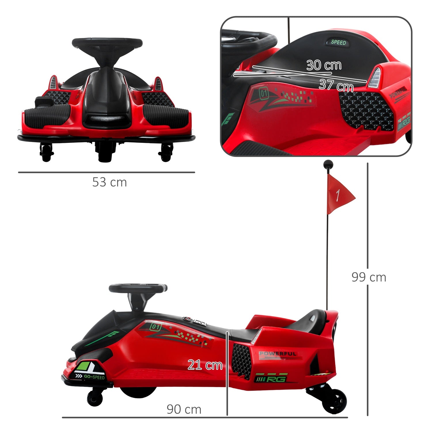 Elektrisk gokart för barn, gummihjul, 3-8 km/h, med ljus och musikfunktion, röd
