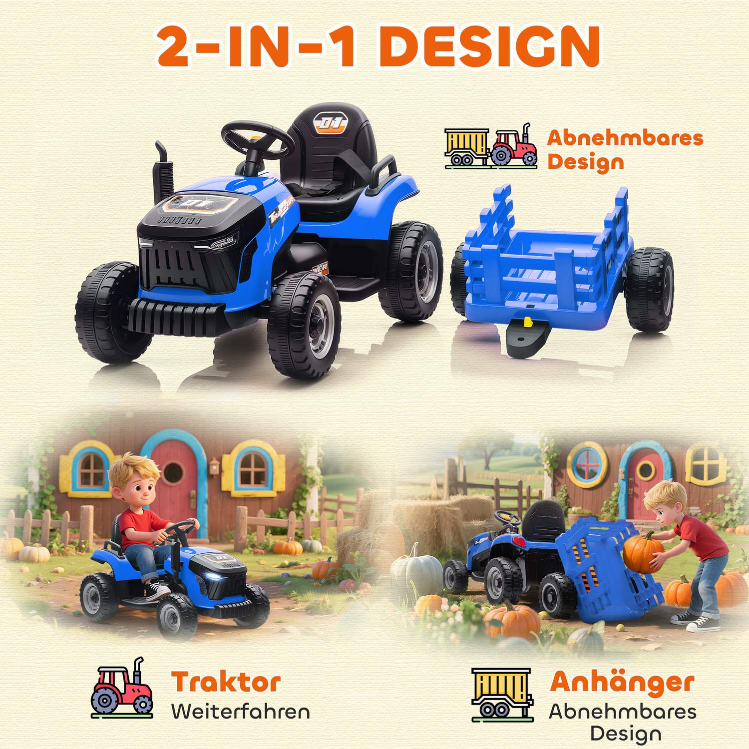 Elektrisk åktraktor för barn, fjärrkontroll, åldrar 3-8, blå