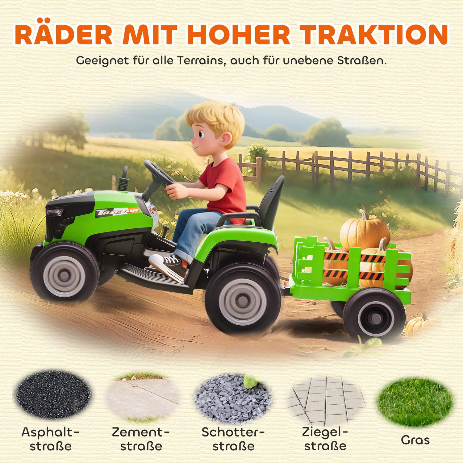 Elektrisk åktraktor med fjärrkontroll, 3-8 år, grön