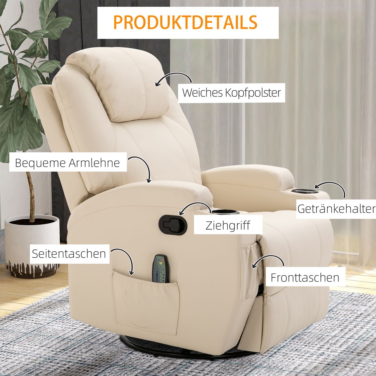 Elektrisk liggmassagestol, 5 lägen, krämvitt läder