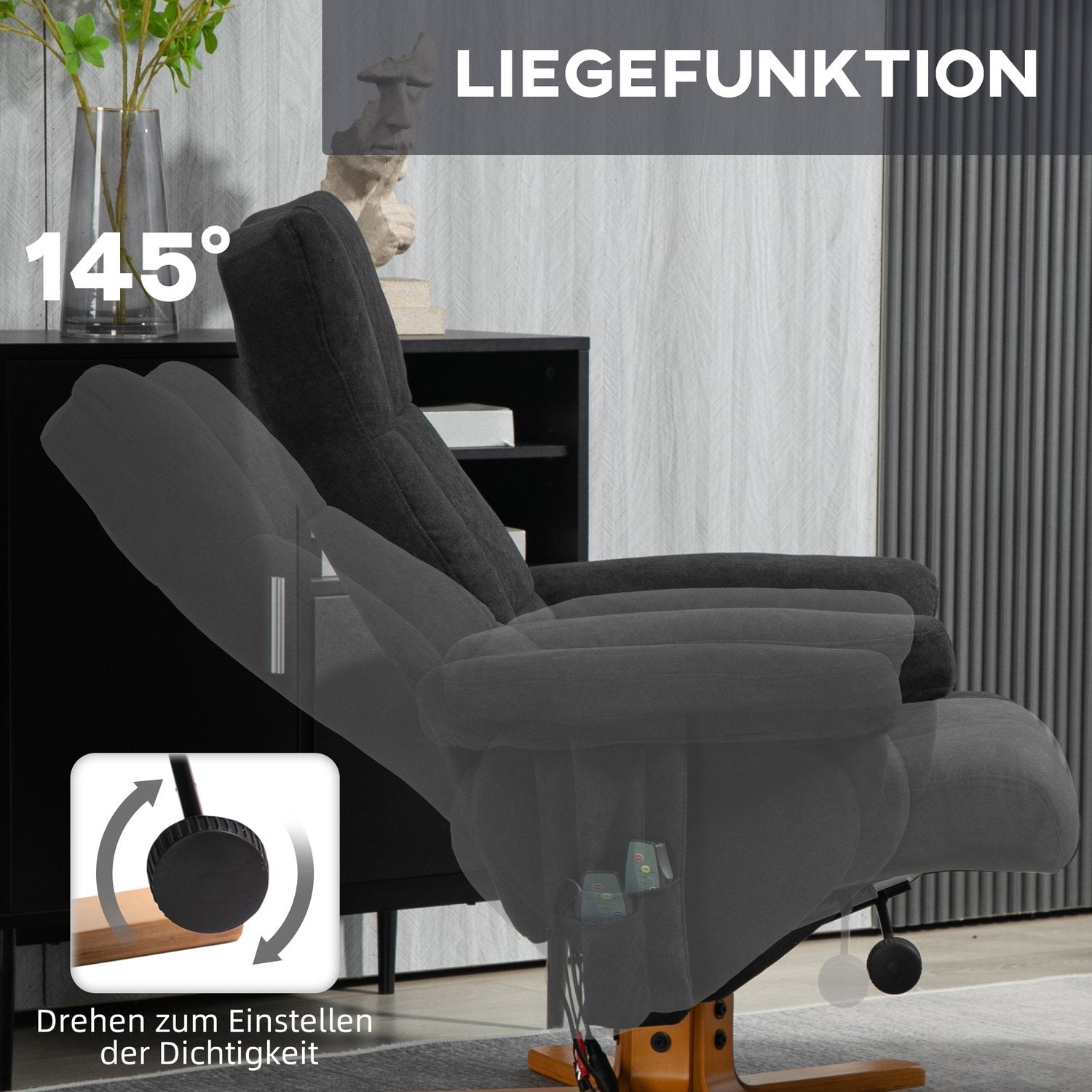 Elektrisk massagefåtölj med fotpall, svart