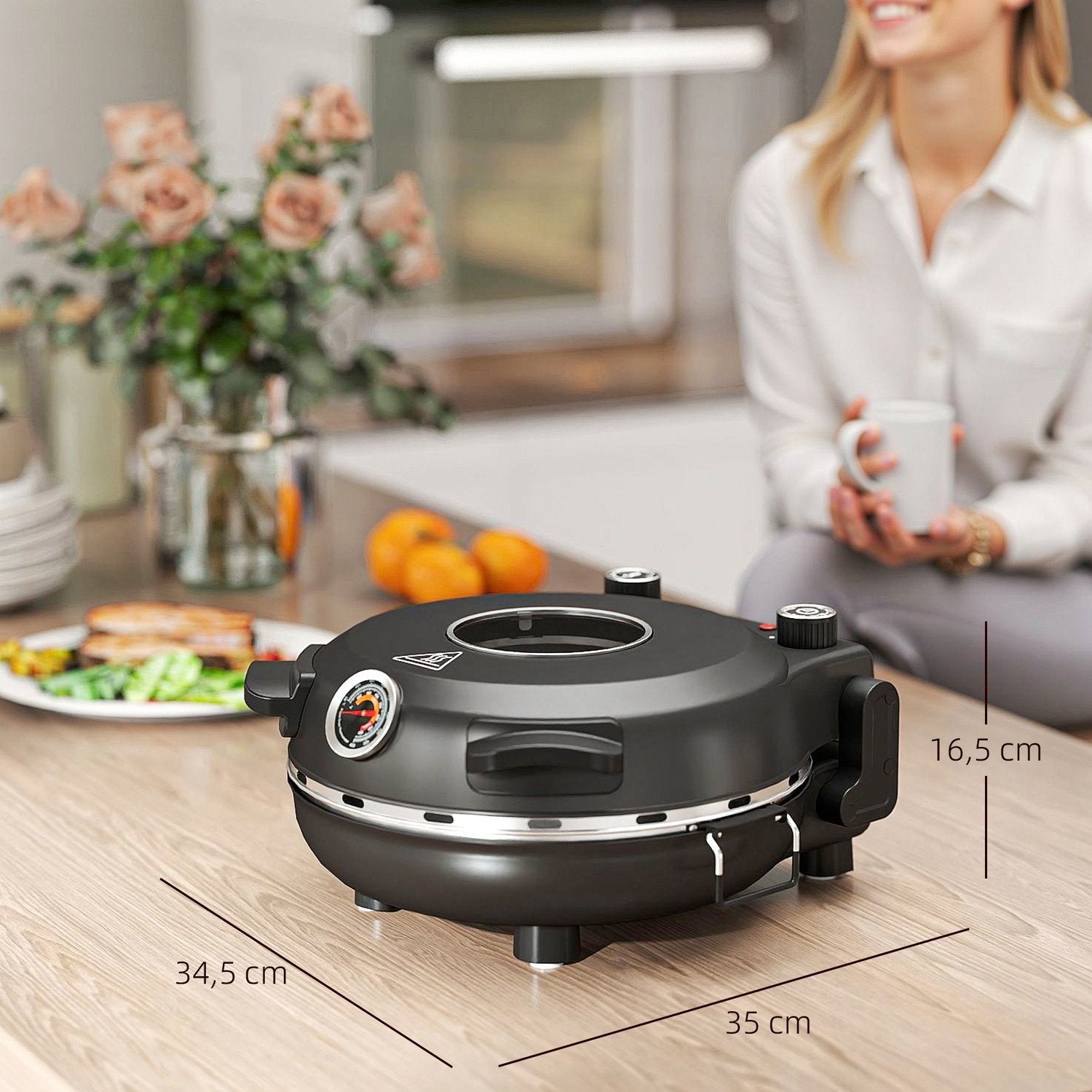 Elektrisk pizzaugn, 430℃, 1200W, 30cm sten, timer