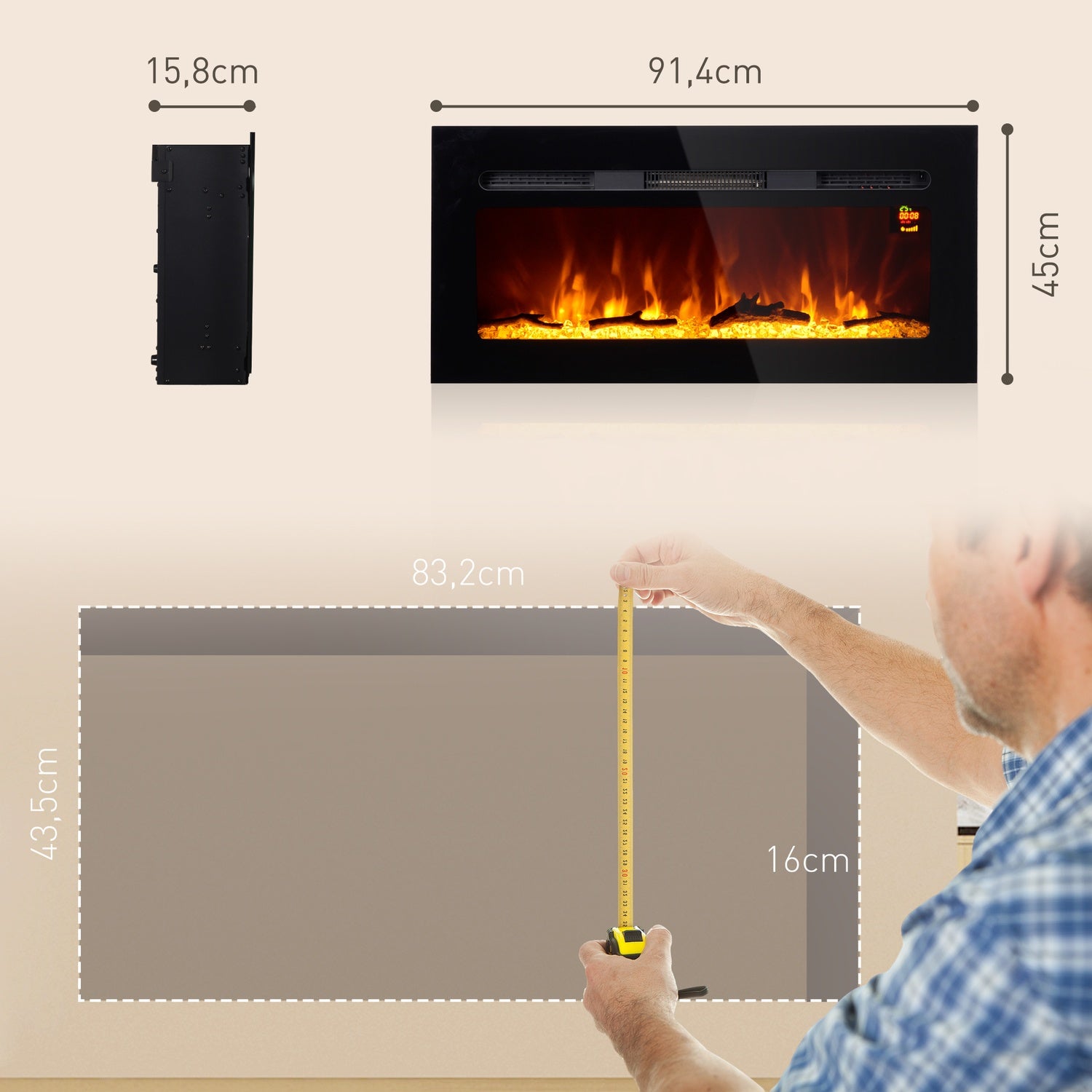 Elektrisk öppen spis, 1800W, LED Flame, Fjärrkontroll