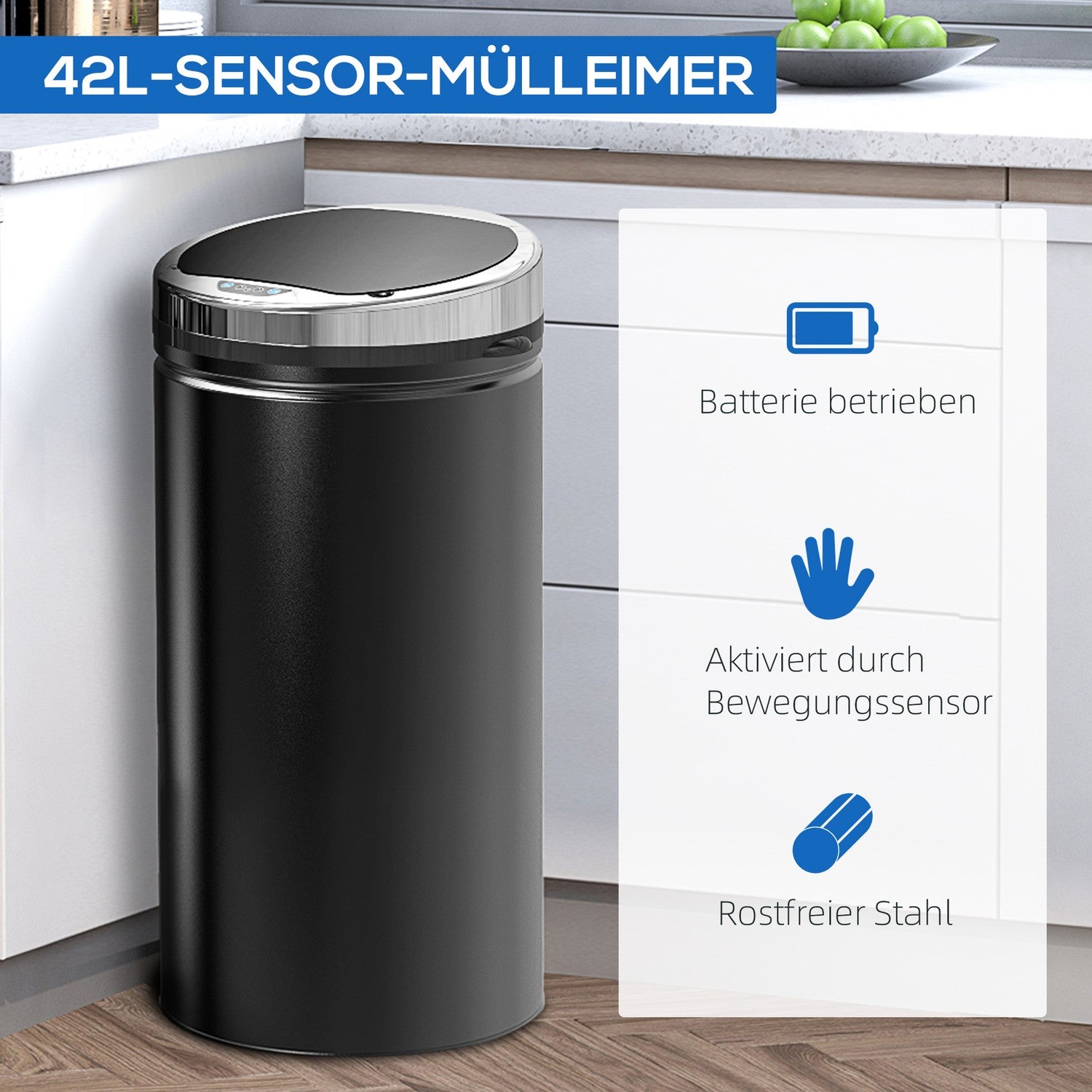 Elektrisk sensor papperskorg 42L – Mattsvart stål