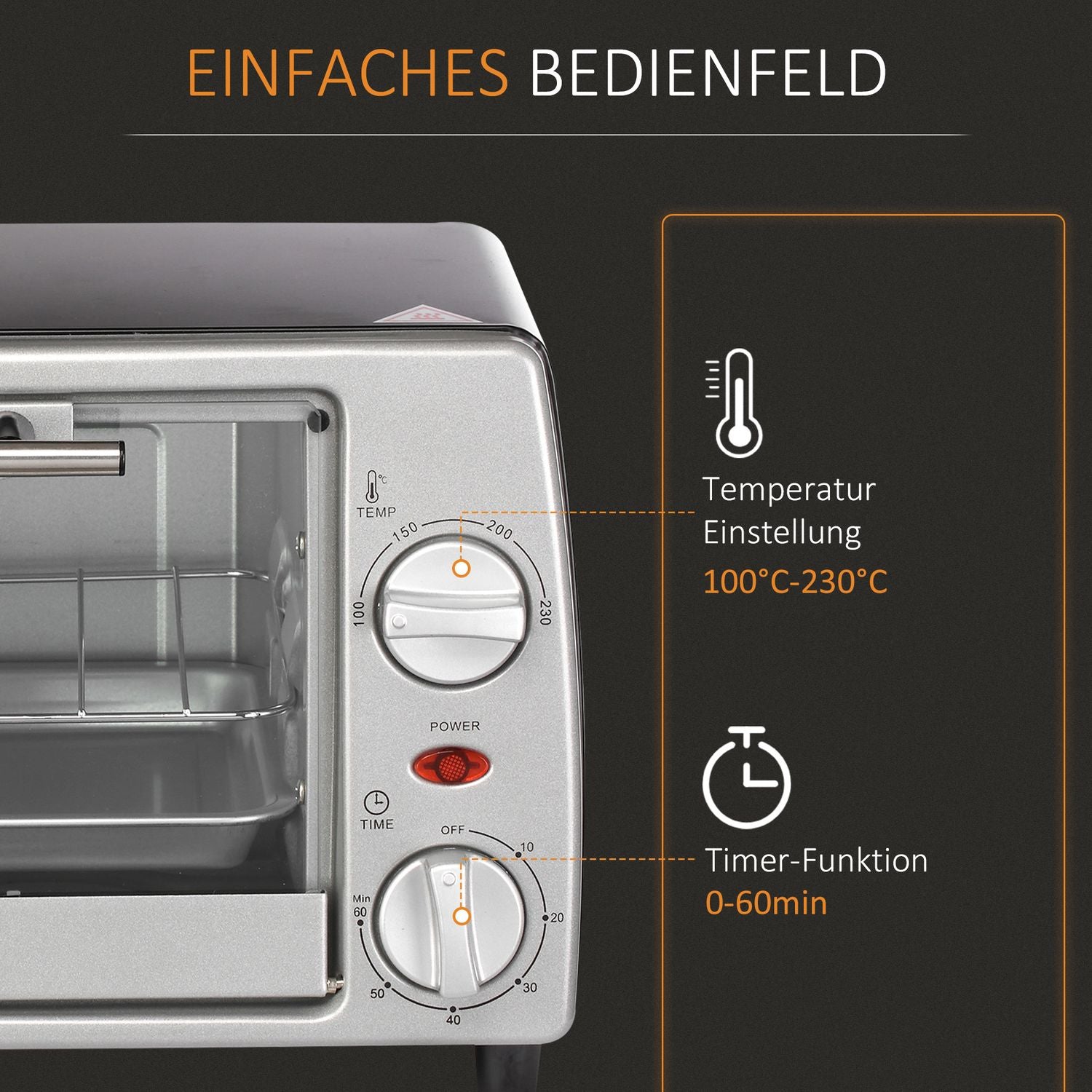 Elektrisk ugn 10L med justerbar temperatur, timer & grill