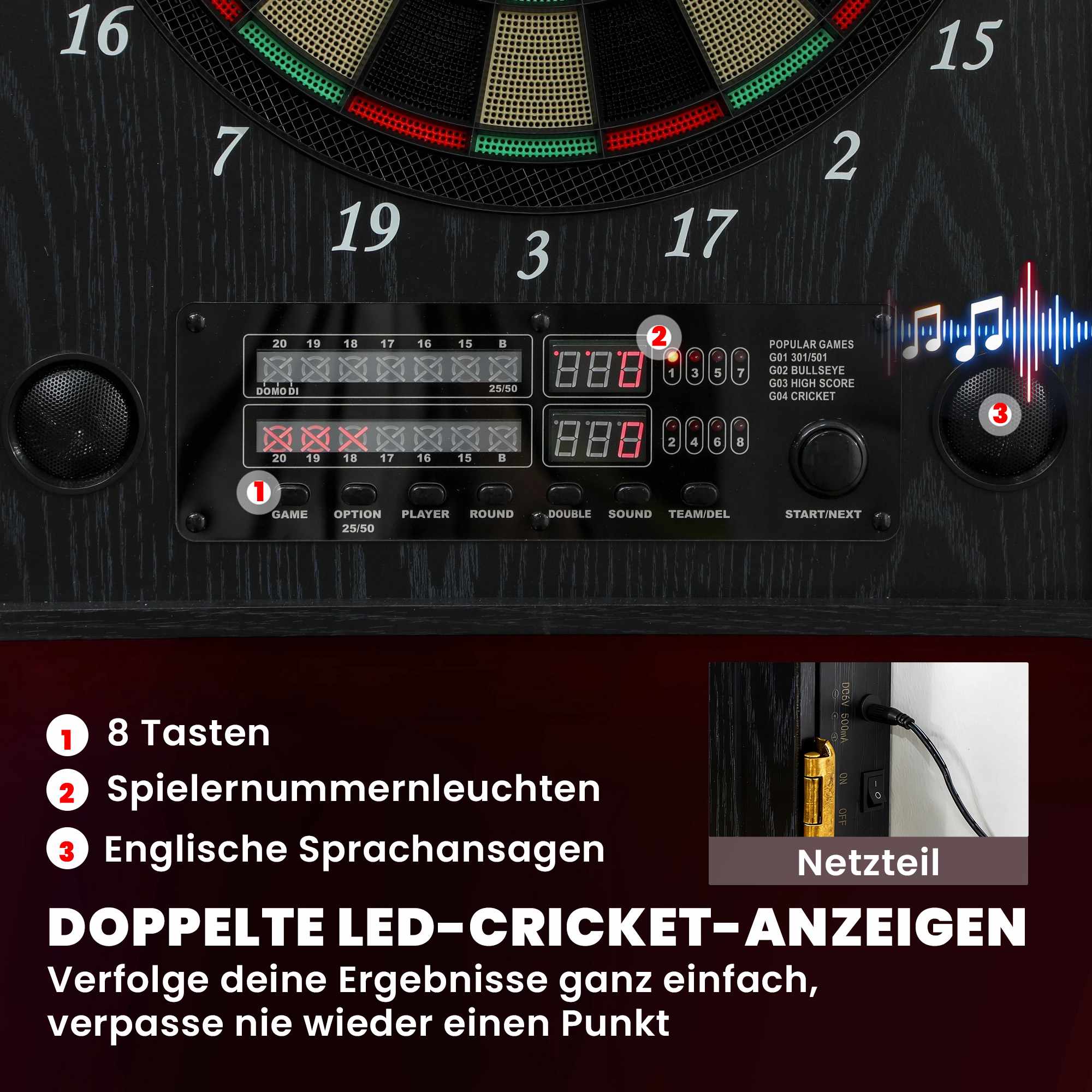 Elektronisk darttavla med skåp, 25 spel, LED-display