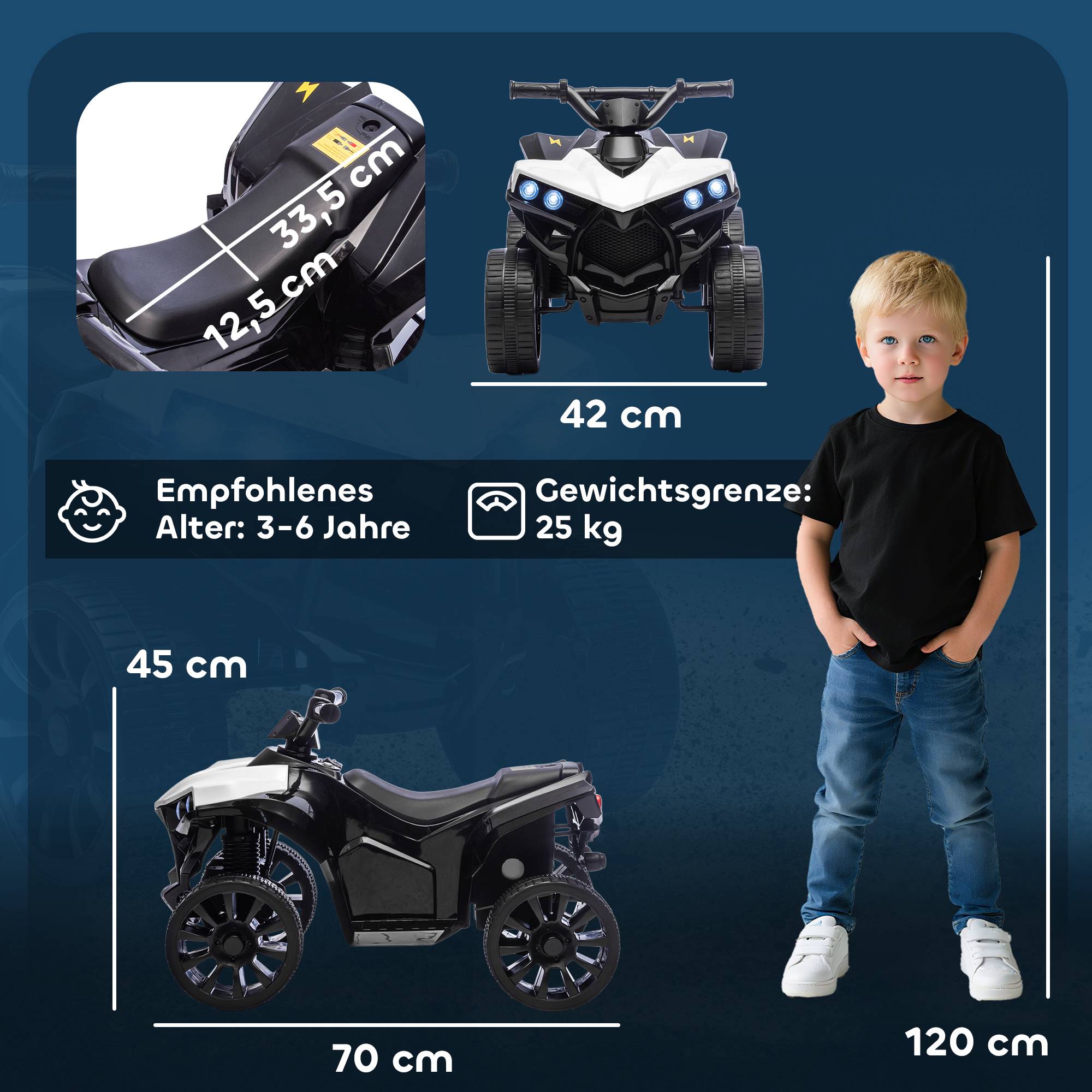 Elfyrhjuling för barn – 6V-motor, musik, strålkastare, 3-6 år