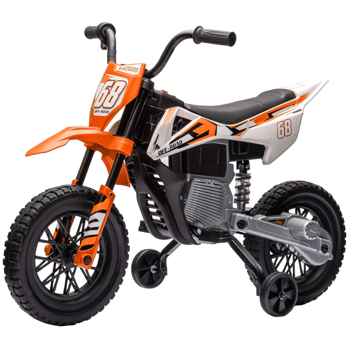 Moto électrique pour enfant, 12V, musique, roulettes, orange