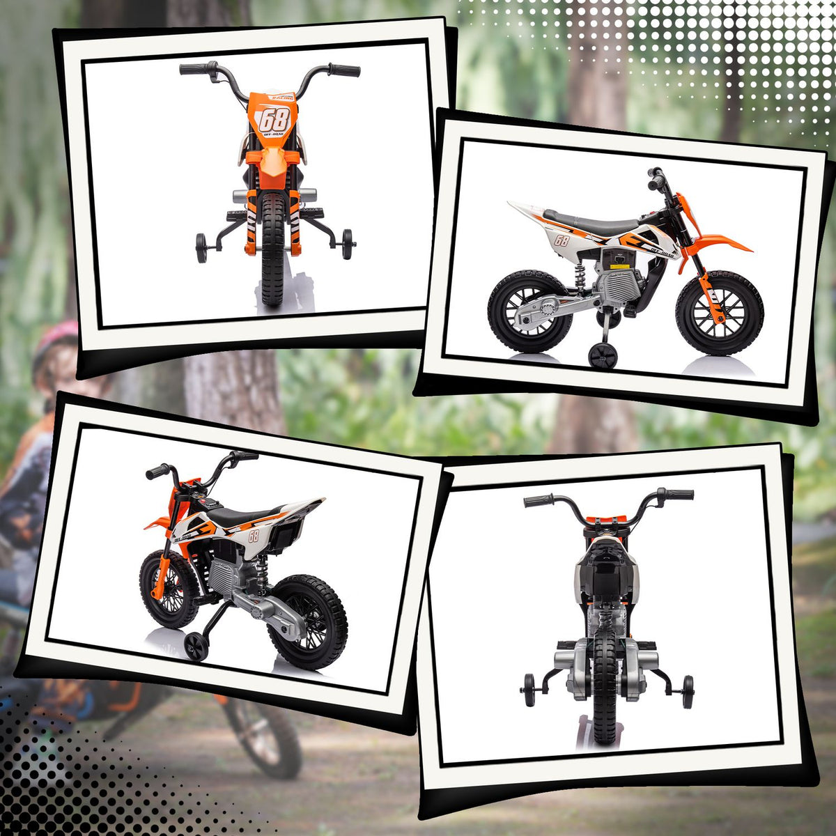 Elektromotorrad für Kinder, 12V, Musik, Stützräder, Orange