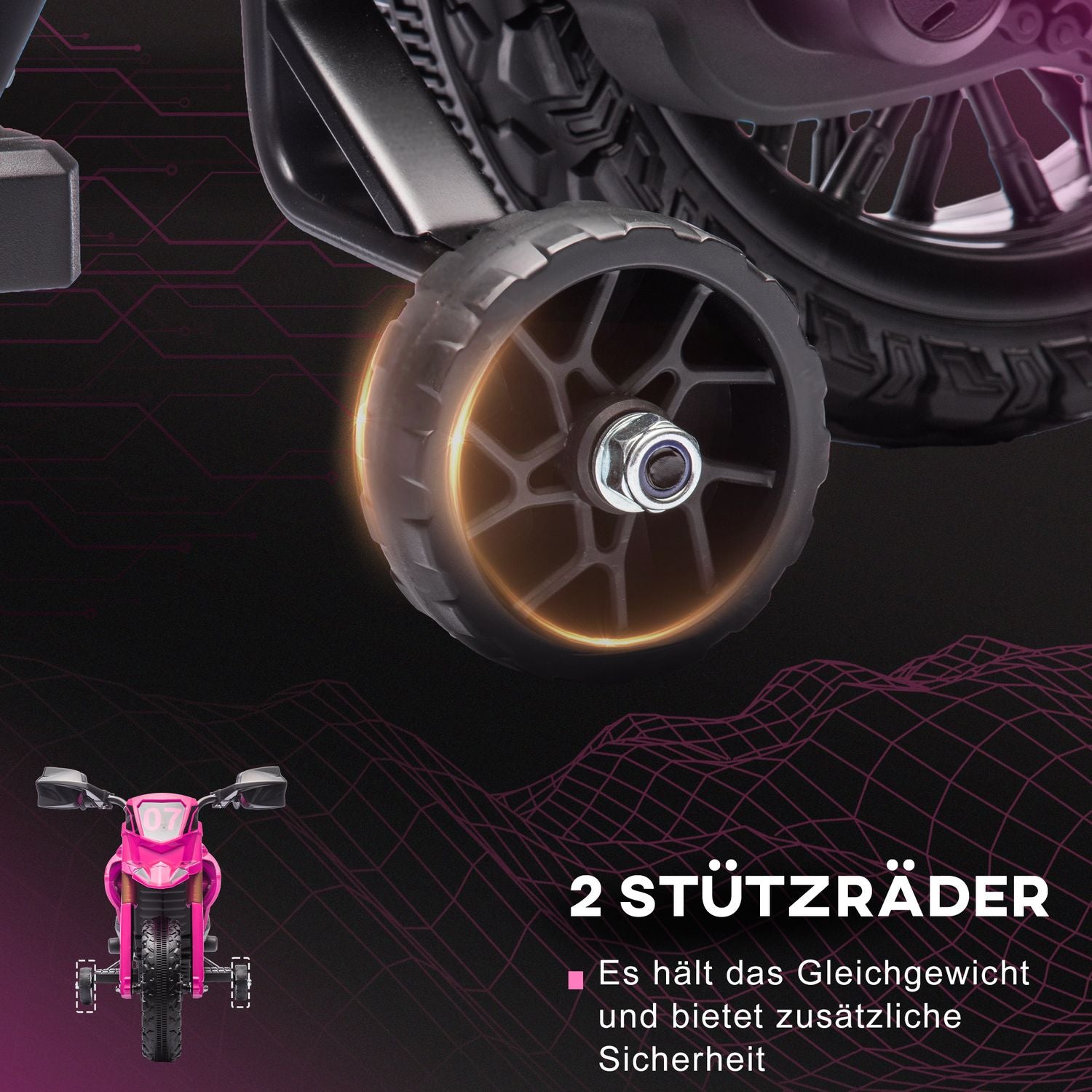 Elmotorcykel för barn, 12V, rosa, med träningshjul