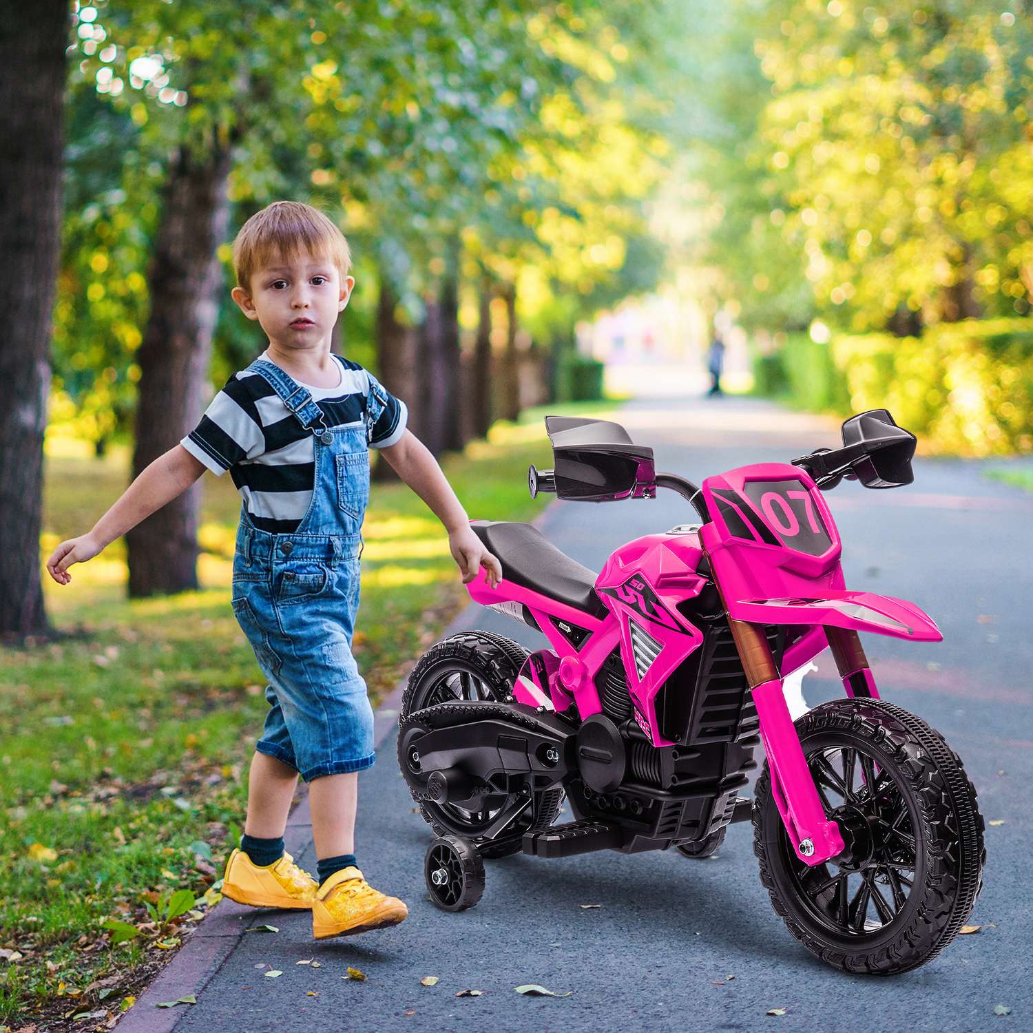 Elmotorcykel för barn, 12V, rosa, med träningshjul
