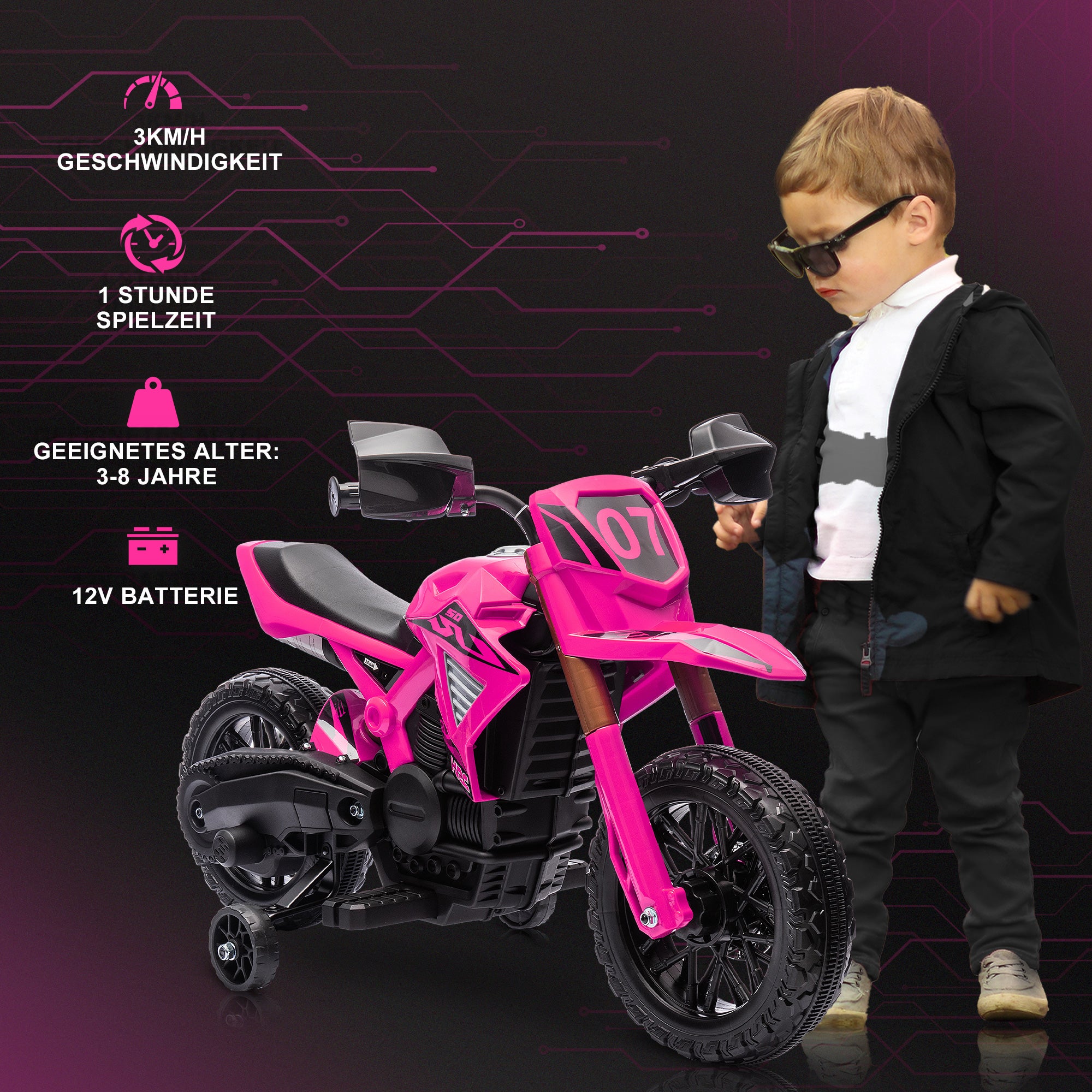 Elmotorcykel för barn, 12V, rosa, med träningshjul