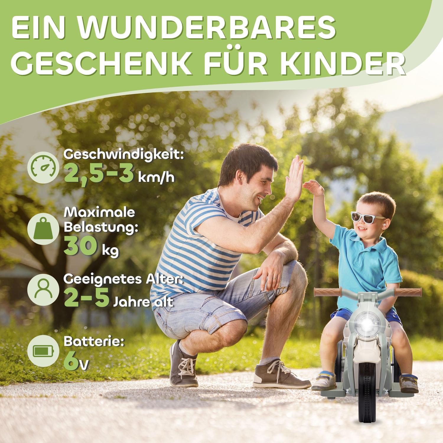 Elmotorcykel för barn, 6V barnmotorcykel med musik, blåser 2,5-3 km/h, för 2-5 år gamla barn