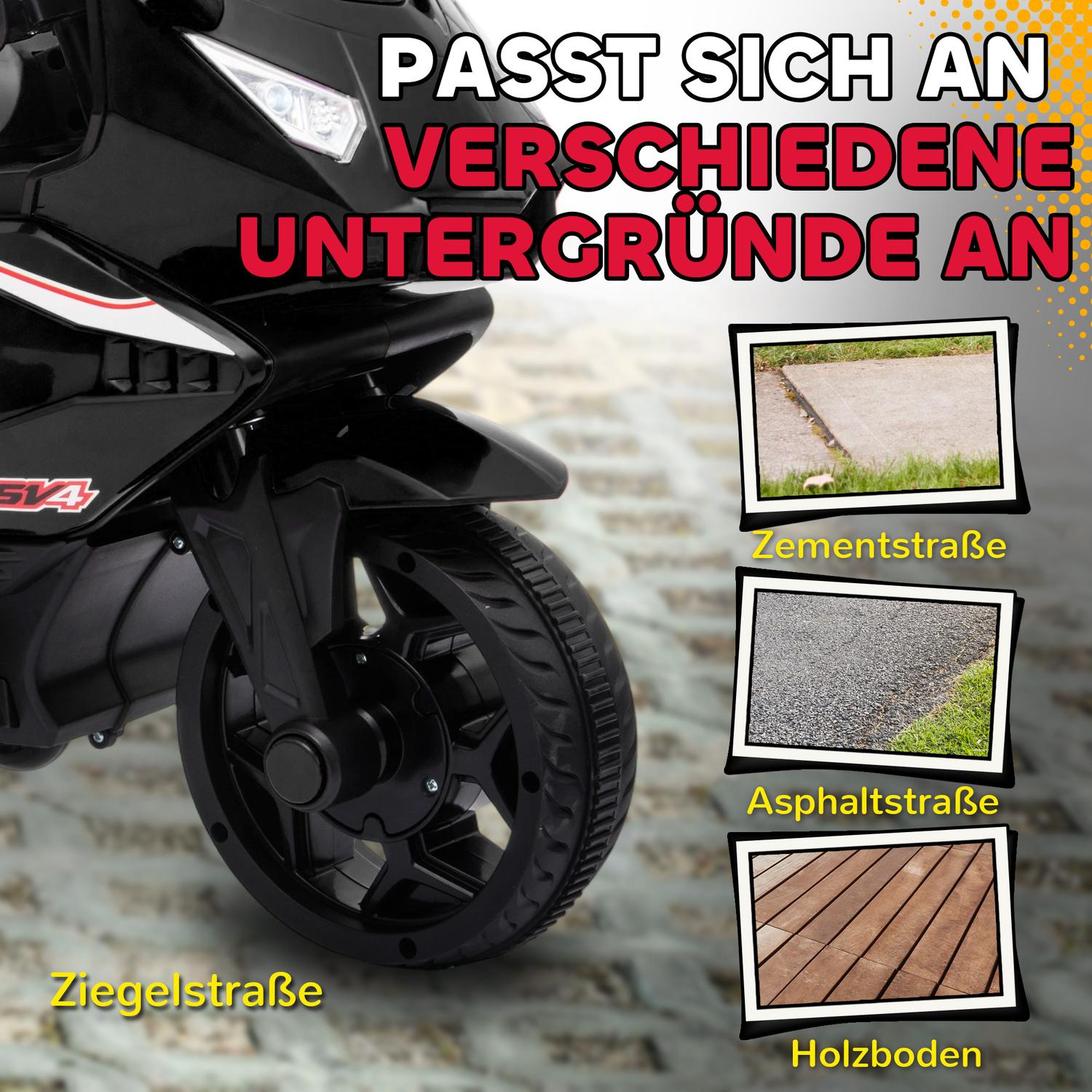 Elmotorcykel för barn, tuta, strålkastare, musik, svart