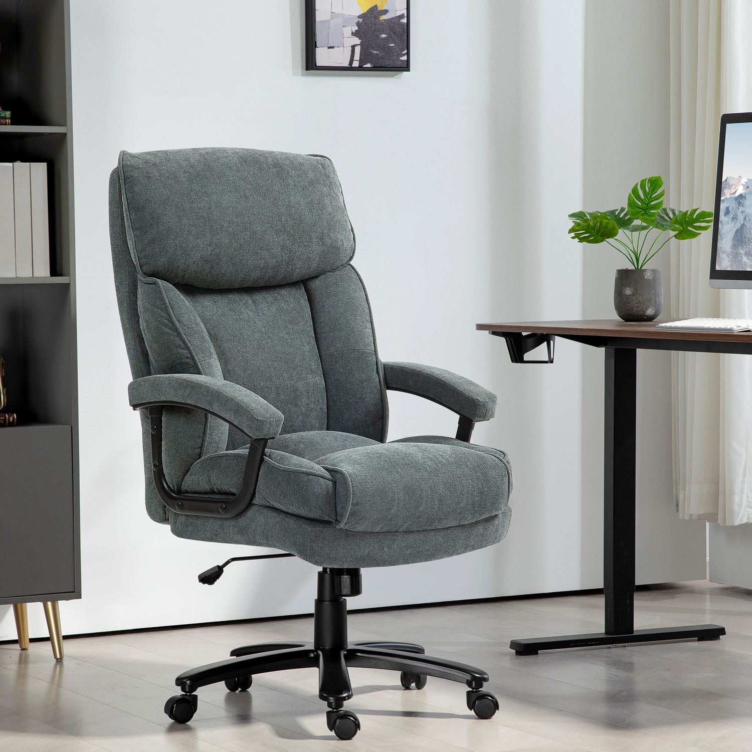 Ergonomisk grå kontorsstol, linnelook, höjdjusterbar
