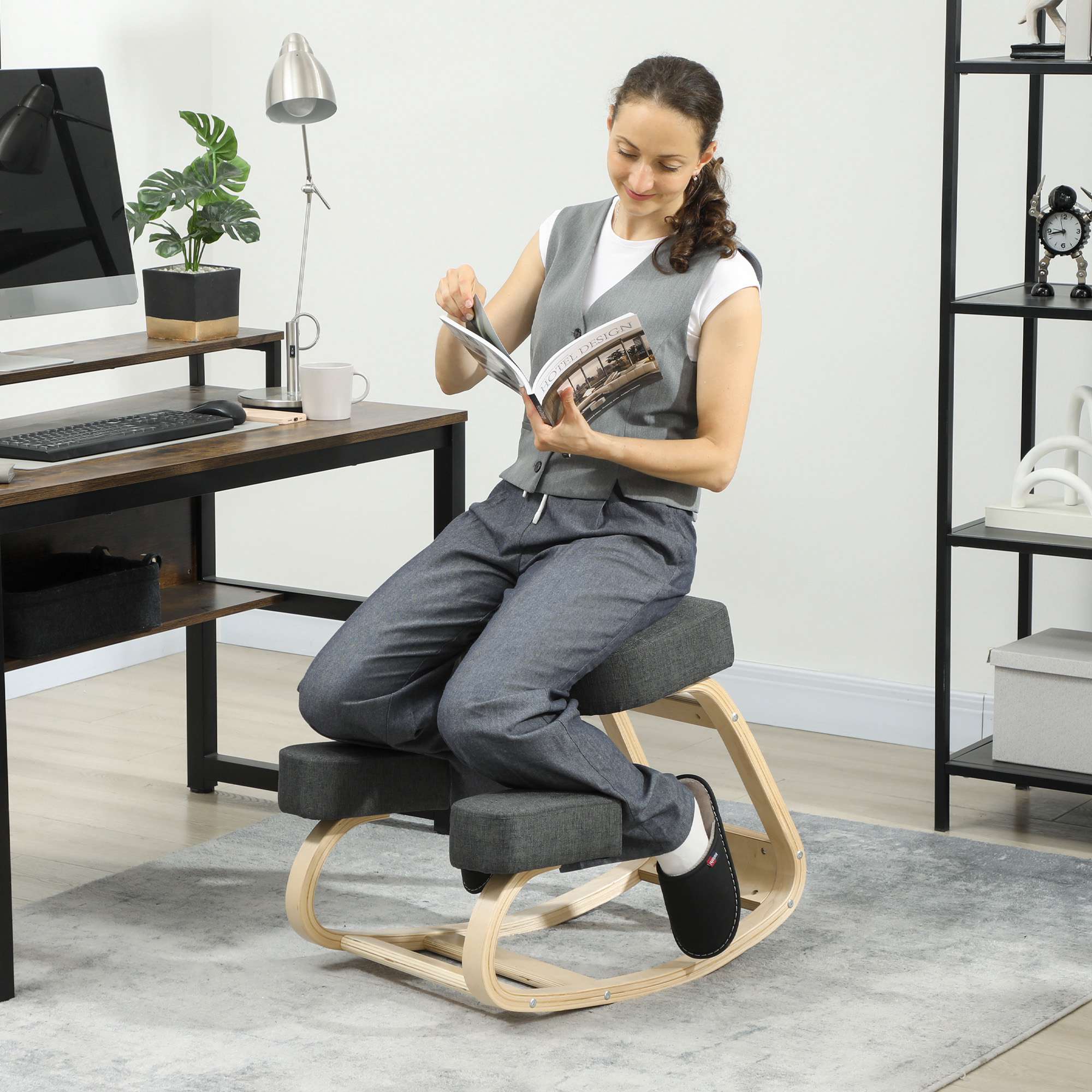 Ergonomisk knäböjstol, björkträ, 120 kg kapacitet, mörkgrå