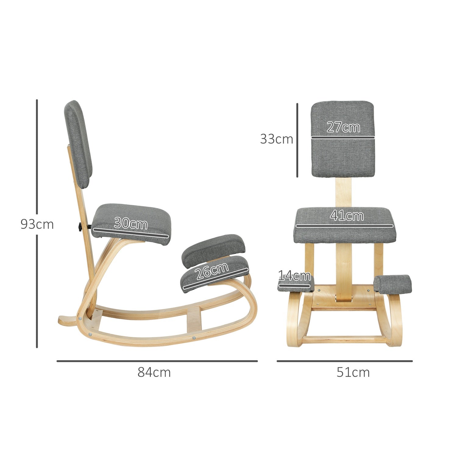 Ergonomisk knästol, björkträ, grå, hem & kontor