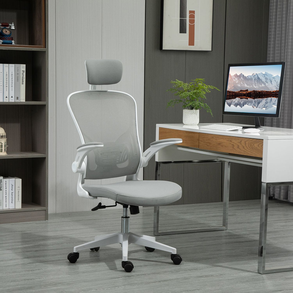 Ergonomischer Bürostuhl, hohe Rückenlehne mit Lendenstütze, grau