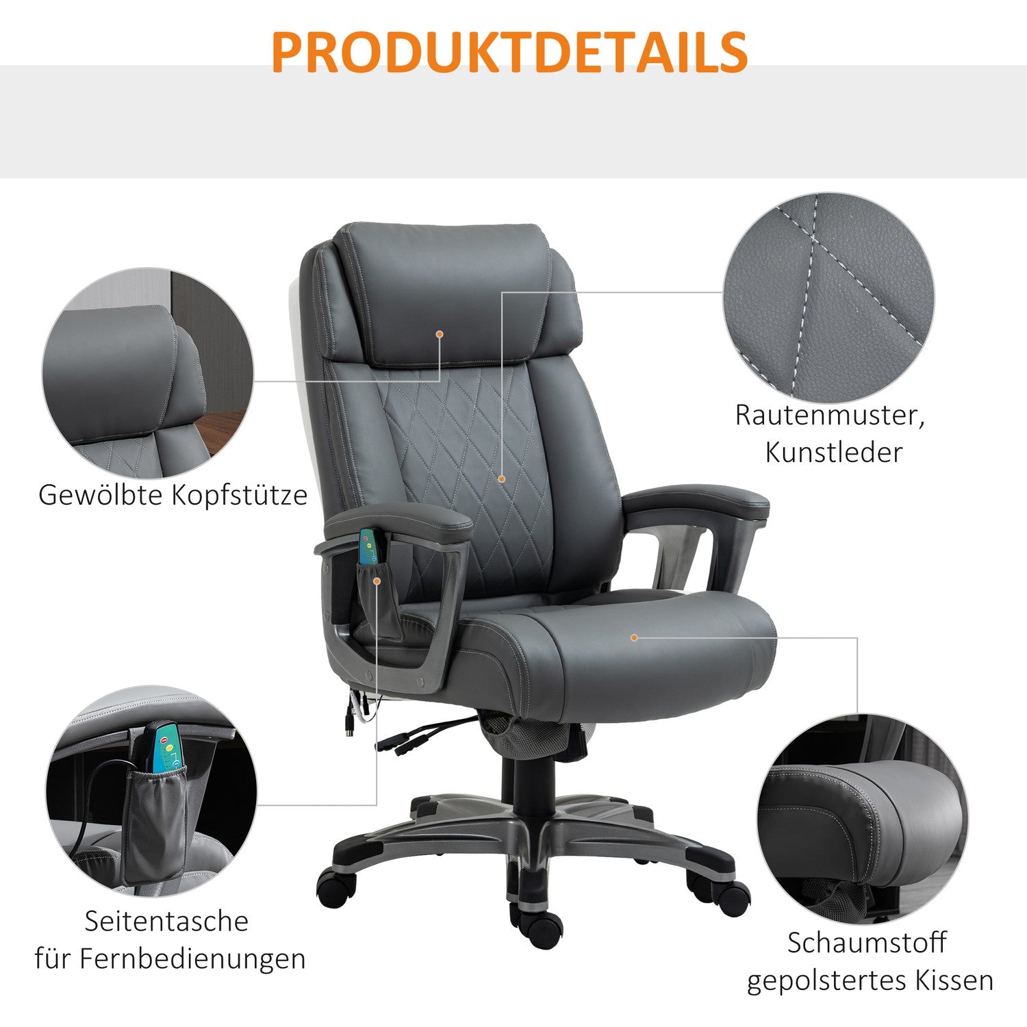 Ergonomisk kontorsstol i grått konstläder med massage