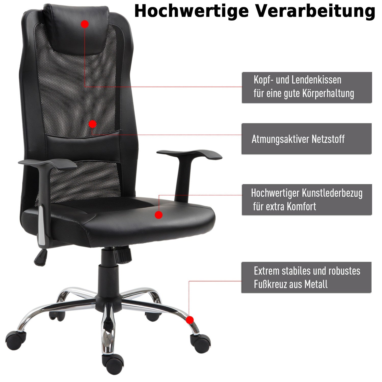Ergonomisk kontorsstol i svart PU-läder, justerbar i höjdled