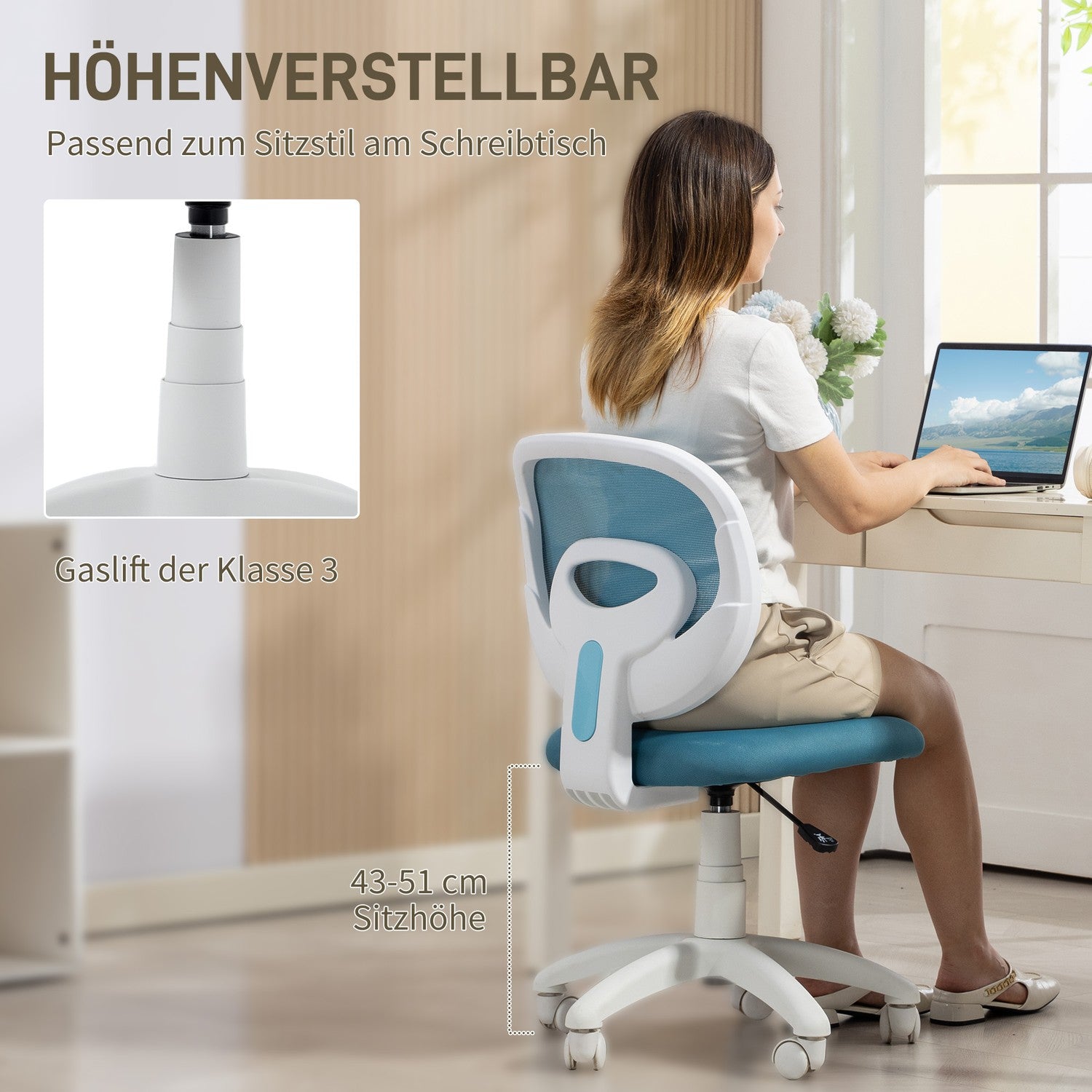Ergonomisk kontorsstol, justerbar höjd, blått nät