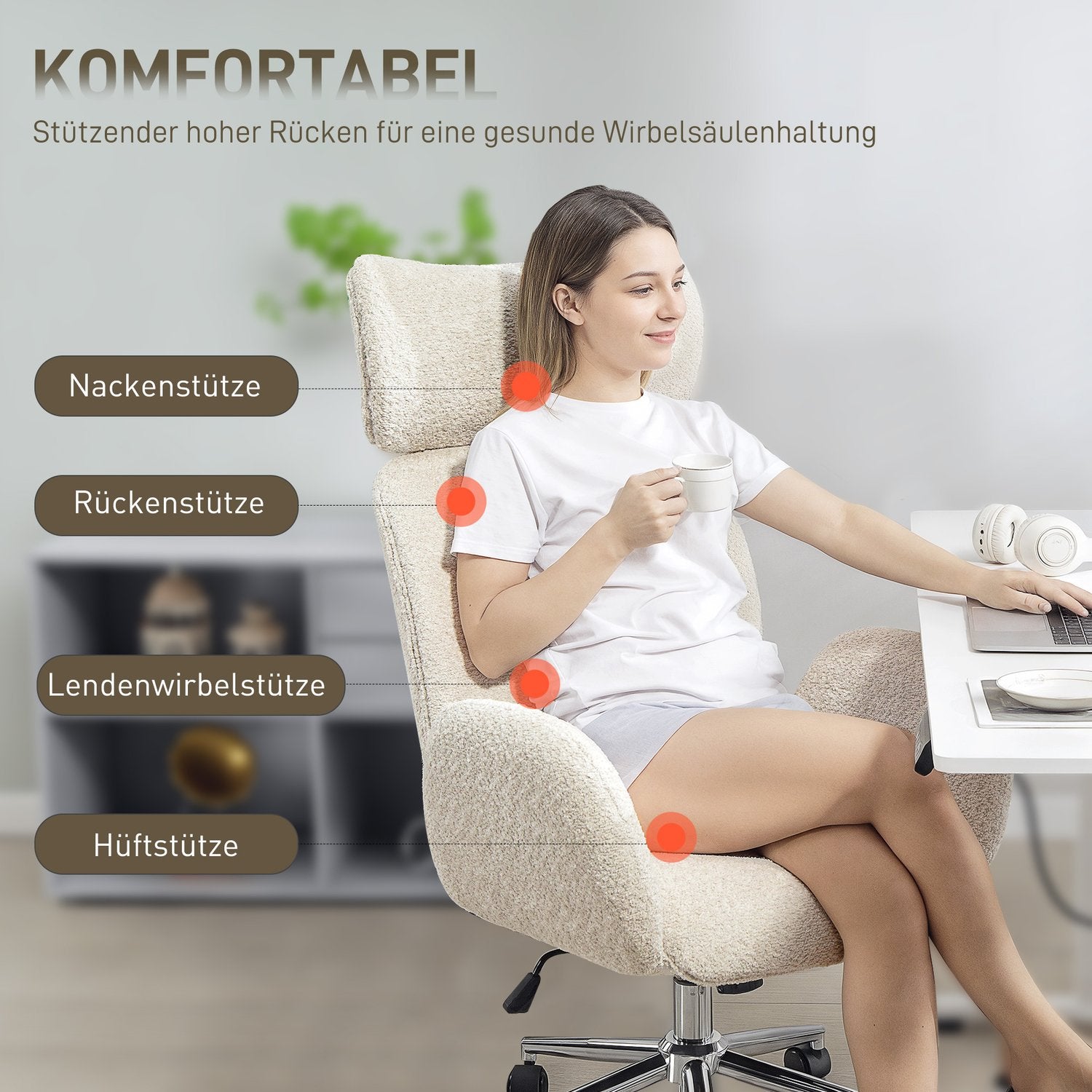 Ergonomisk kontorsstol, justerbart nackstöd, lutning, gråvit