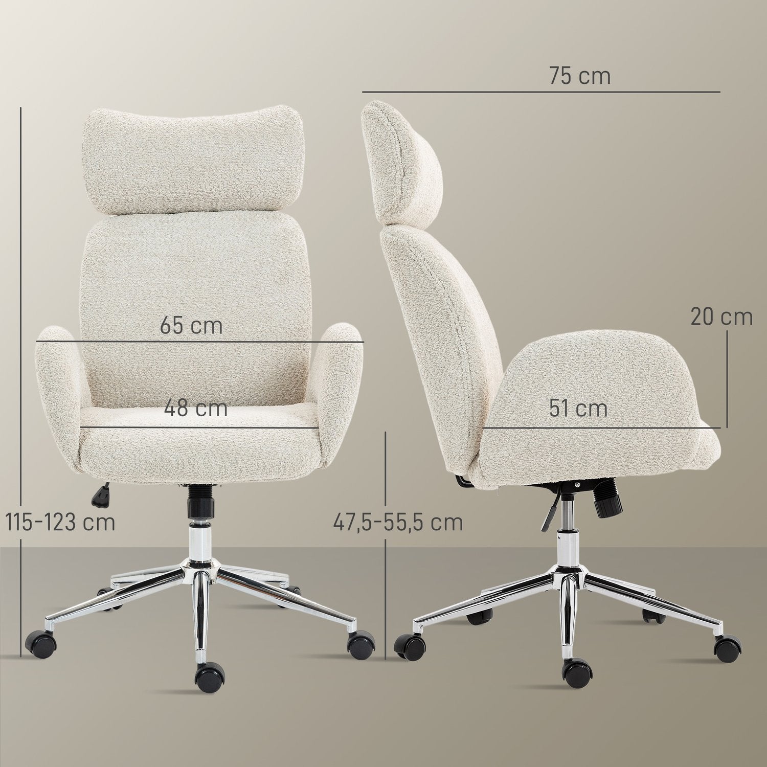 Ergonomisk kontorsstol, justerbart nackstöd, lutning, gråvit