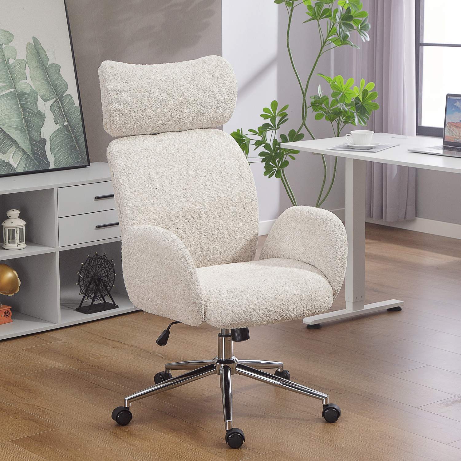 Ergonomisk kontorsstol, justerbart nackstöd, lutning, gråvit