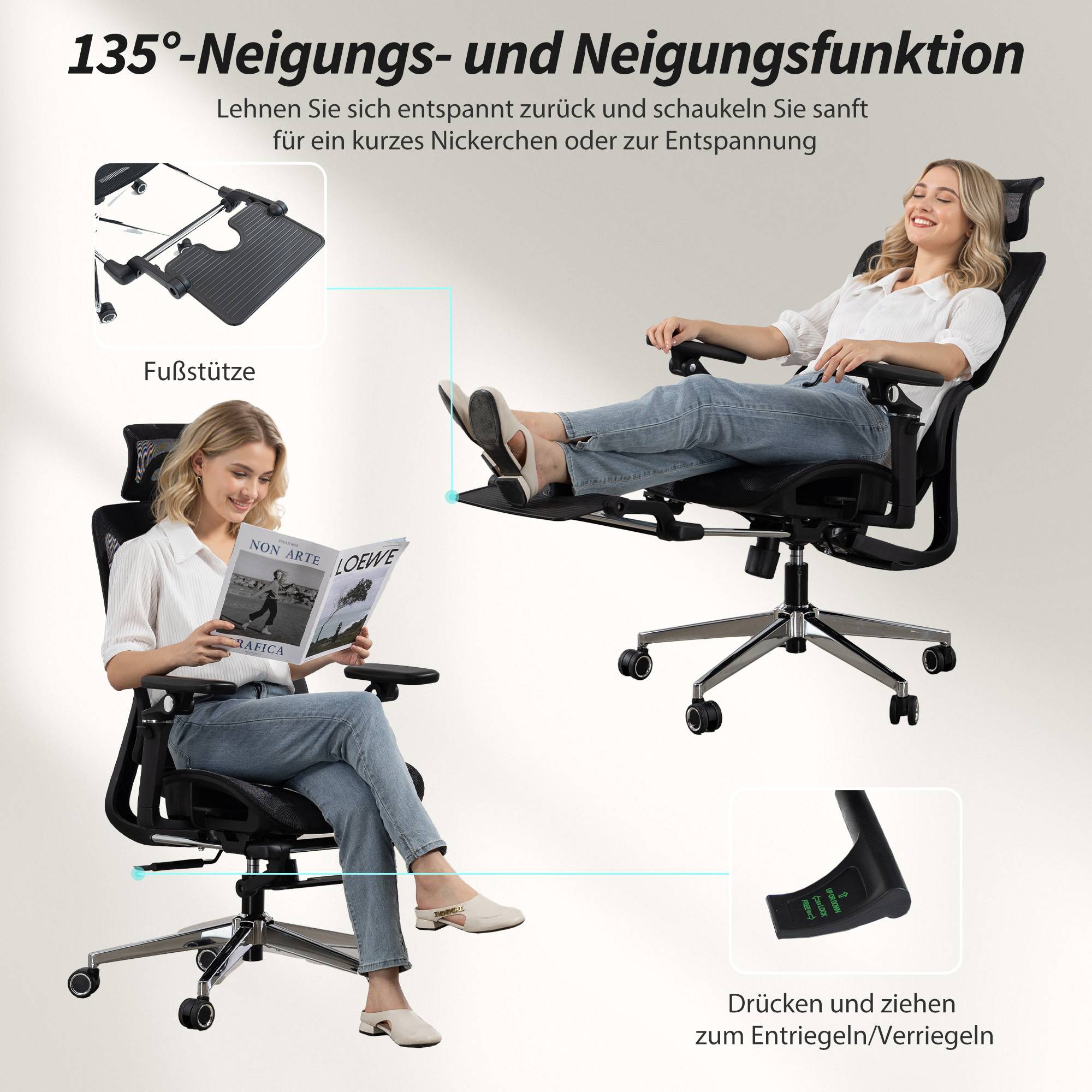 Ergonomisk kontorsstol, justerbart svank- och nackstöd, svart nät