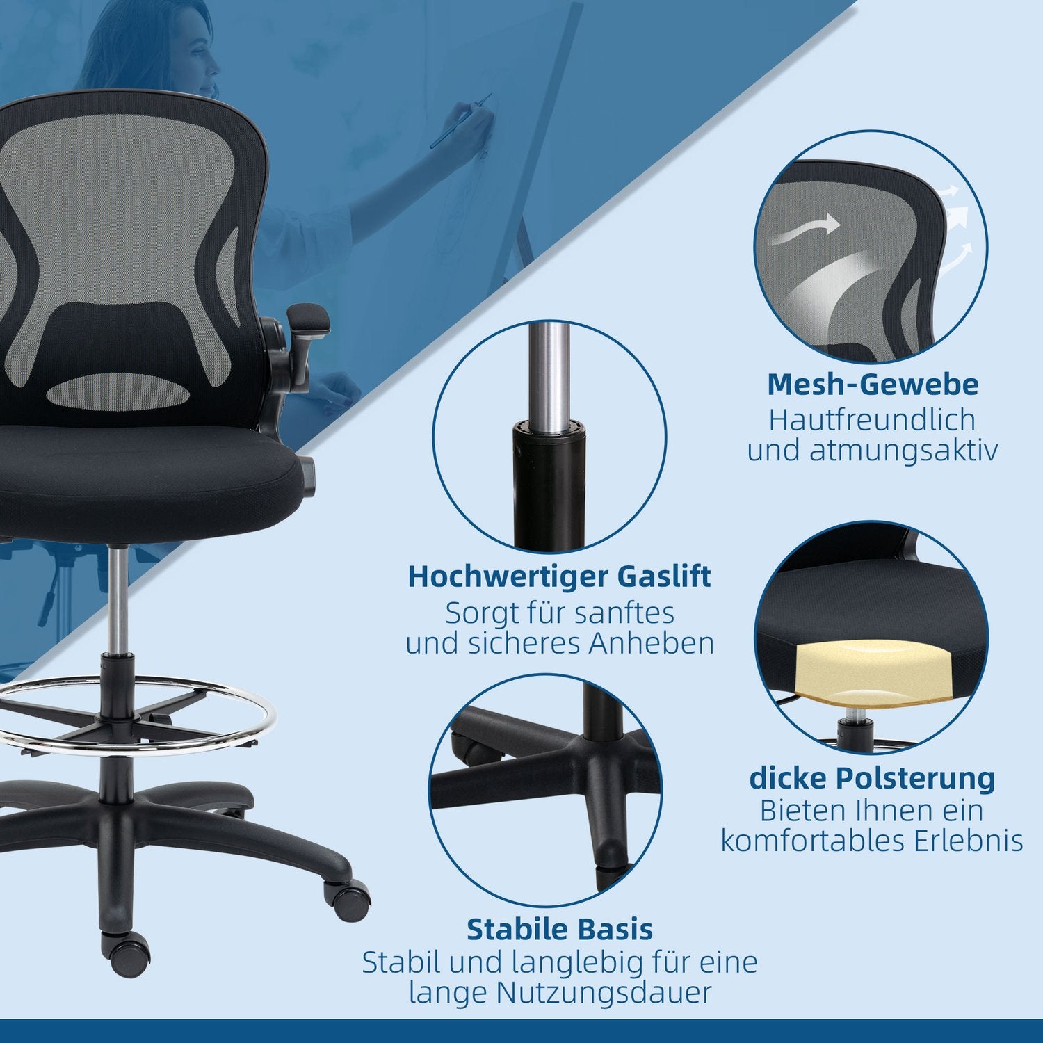 Ergonomisk kontorsstol med hjul & svankstöd, svart