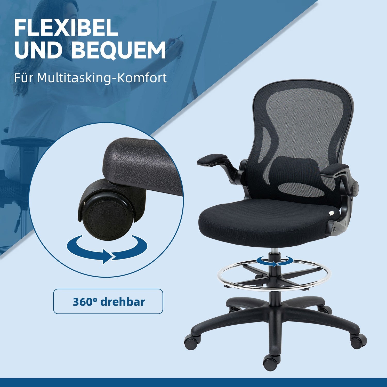 Ergonomisk kontorsstol med hjul & svankstöd, svart