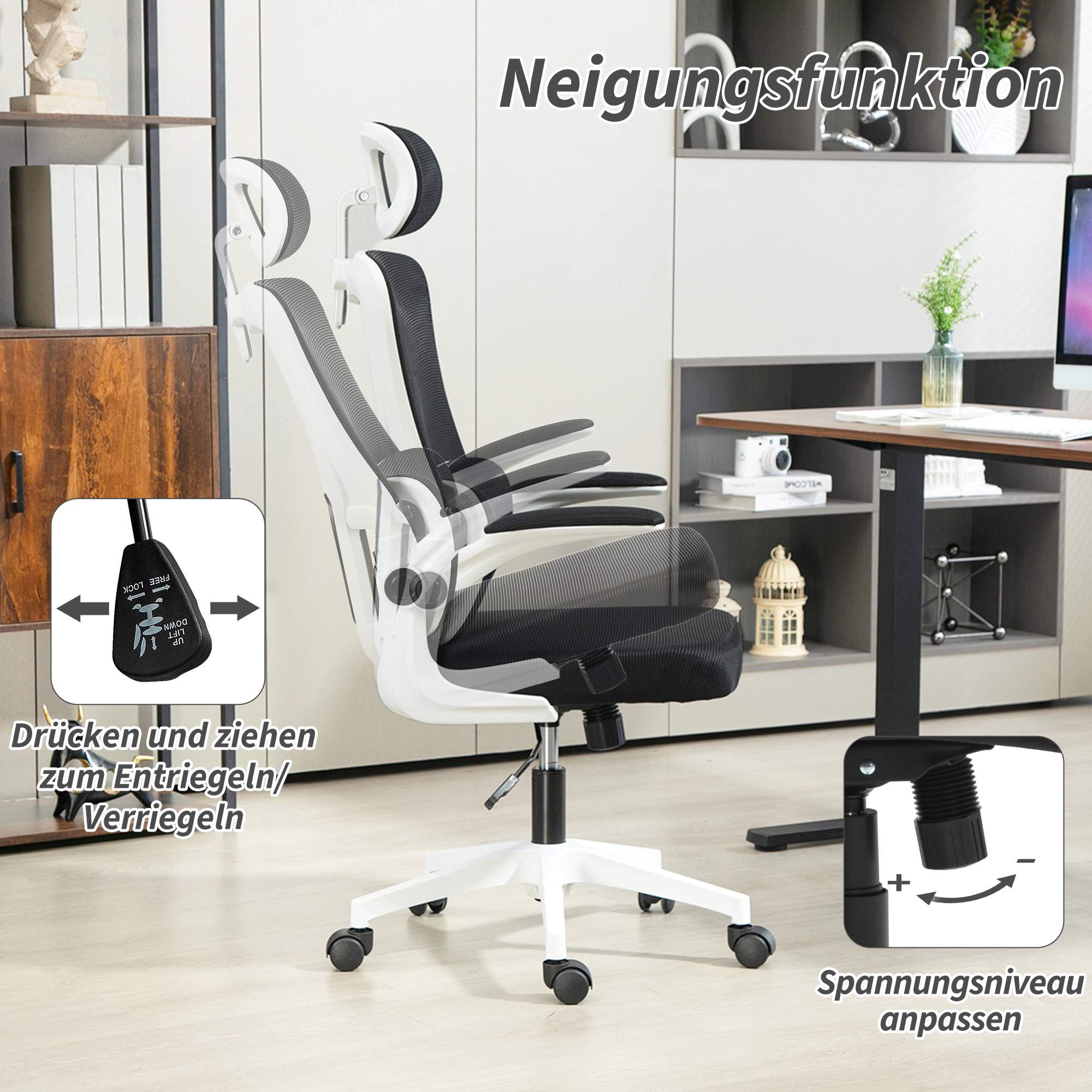 Ergonomisk kontorsstol med justerbart nackstöd, svart nät