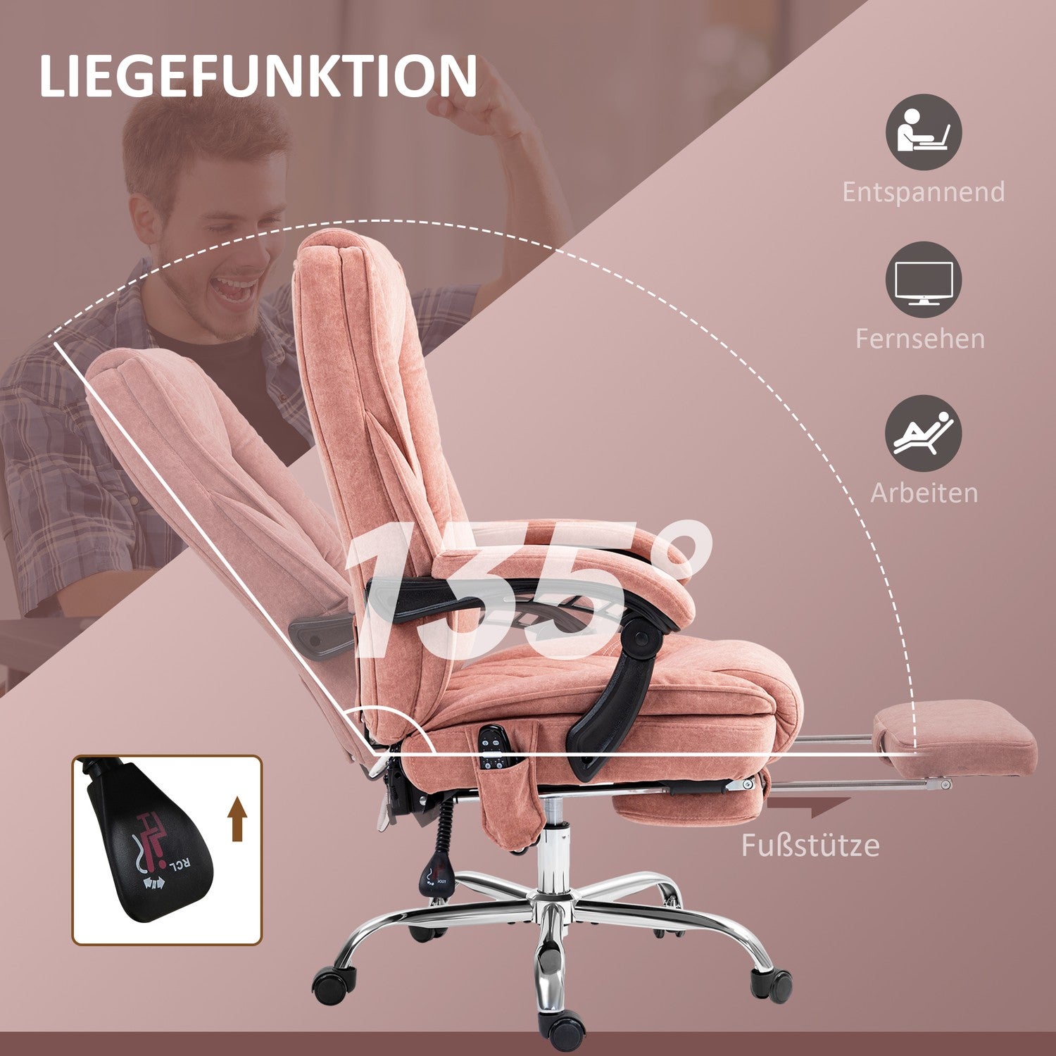 Ergonomisk kontorsstol med massagefunktion, fotstöd, vridbar, rullbar, rosa