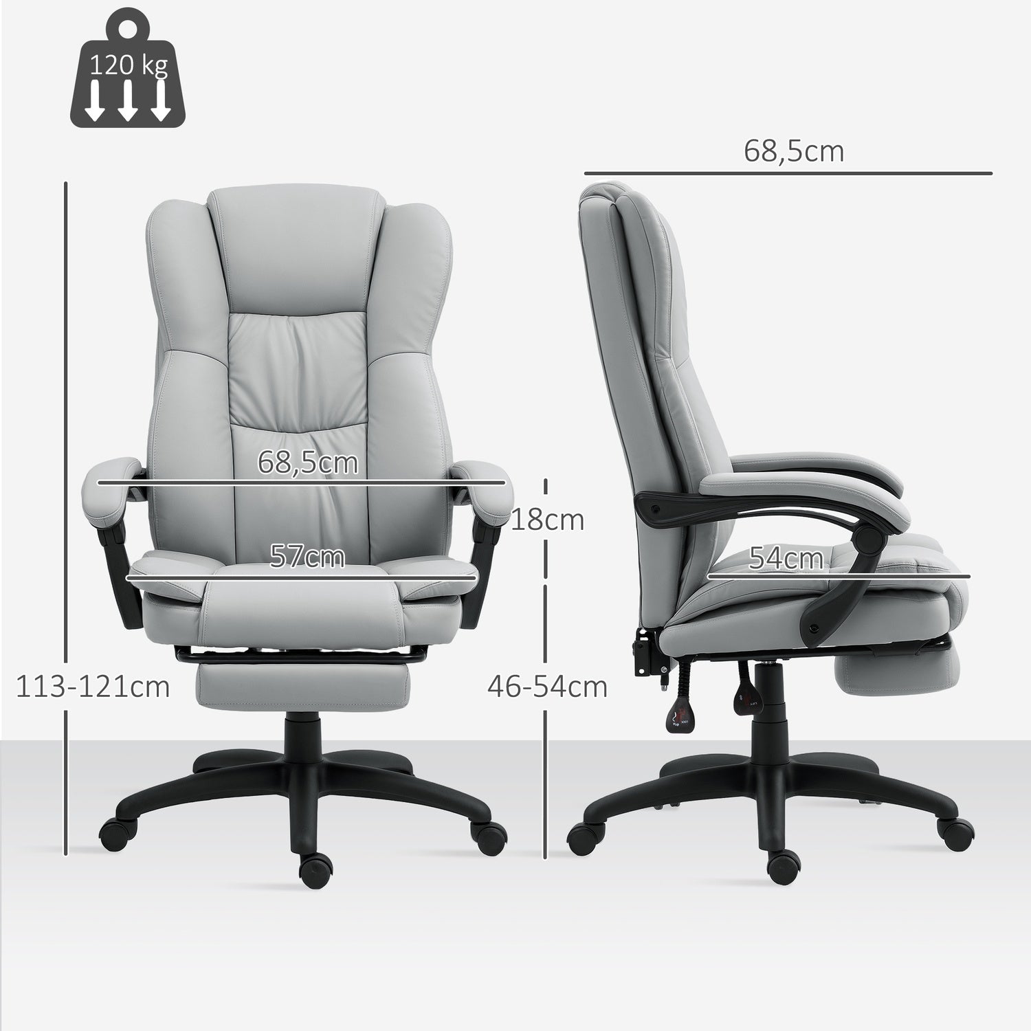 Ergonomisk kontorsstol med massage, lutning, fotstöd, grå